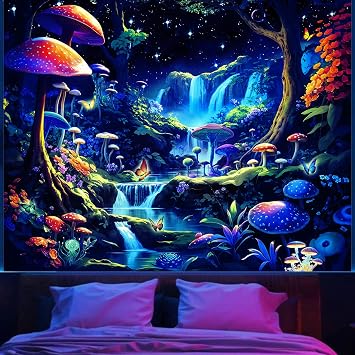 Apdidl Blacklight Posters Forest Waterfall Tapestry for Bedroom, Black Light UV Reactive Starry Night Tapestries Wall Hanging, Nature Fantasy Landscape Wall Decor for Living Room Dorm 51X60