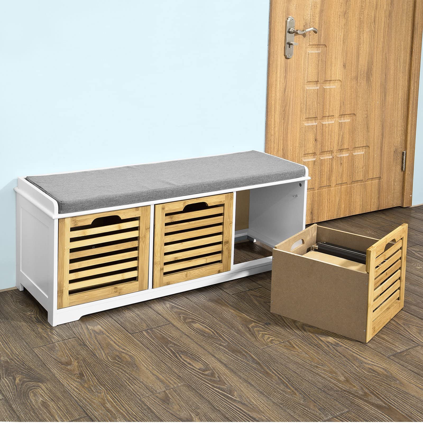 SoBuy Banc Chaussures avec 3 paniers 105x35x43cm pour entrée | Meuble d'entrée avec coussin rembourré, 3 paniers amovibles, MDF et bambou, charge 120kg, blanc+naturel FSR23-WN