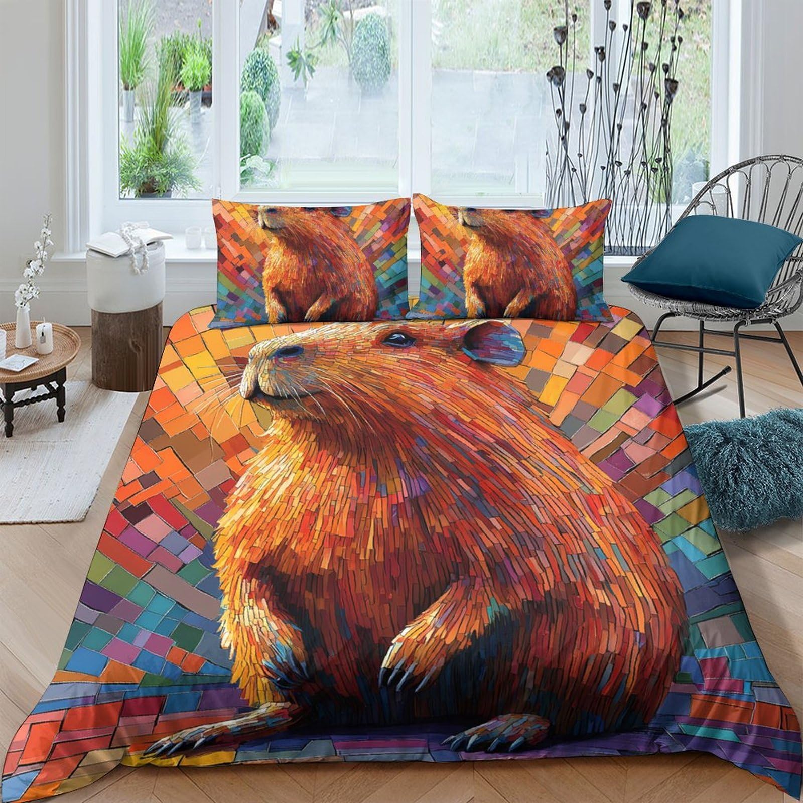 Ctjqhvkz Style-3 3D Printed Capybara Art Fitted Sheet Microfiber Orange Pattern Mattress Cover For Bedroom Guest Room Decor Single（135X200cm）