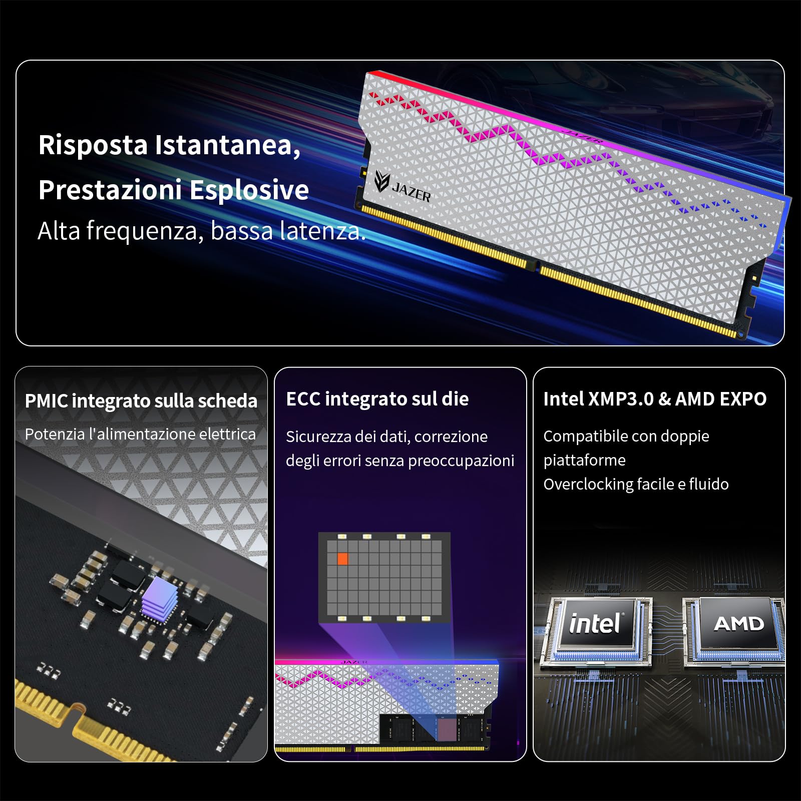 JAZER RGB RAM DDR5 32GB Kit (2x16GB) 6000MHz CL36, Memoria Desktop PC UDIMM DRAM 288-Pin, Memoria Computer da gioco DDR5 ad alte Prestazioni Supporto Intel XMP 3.0/AMD EXPO, AI, CL36-40-40-96, 1.35V