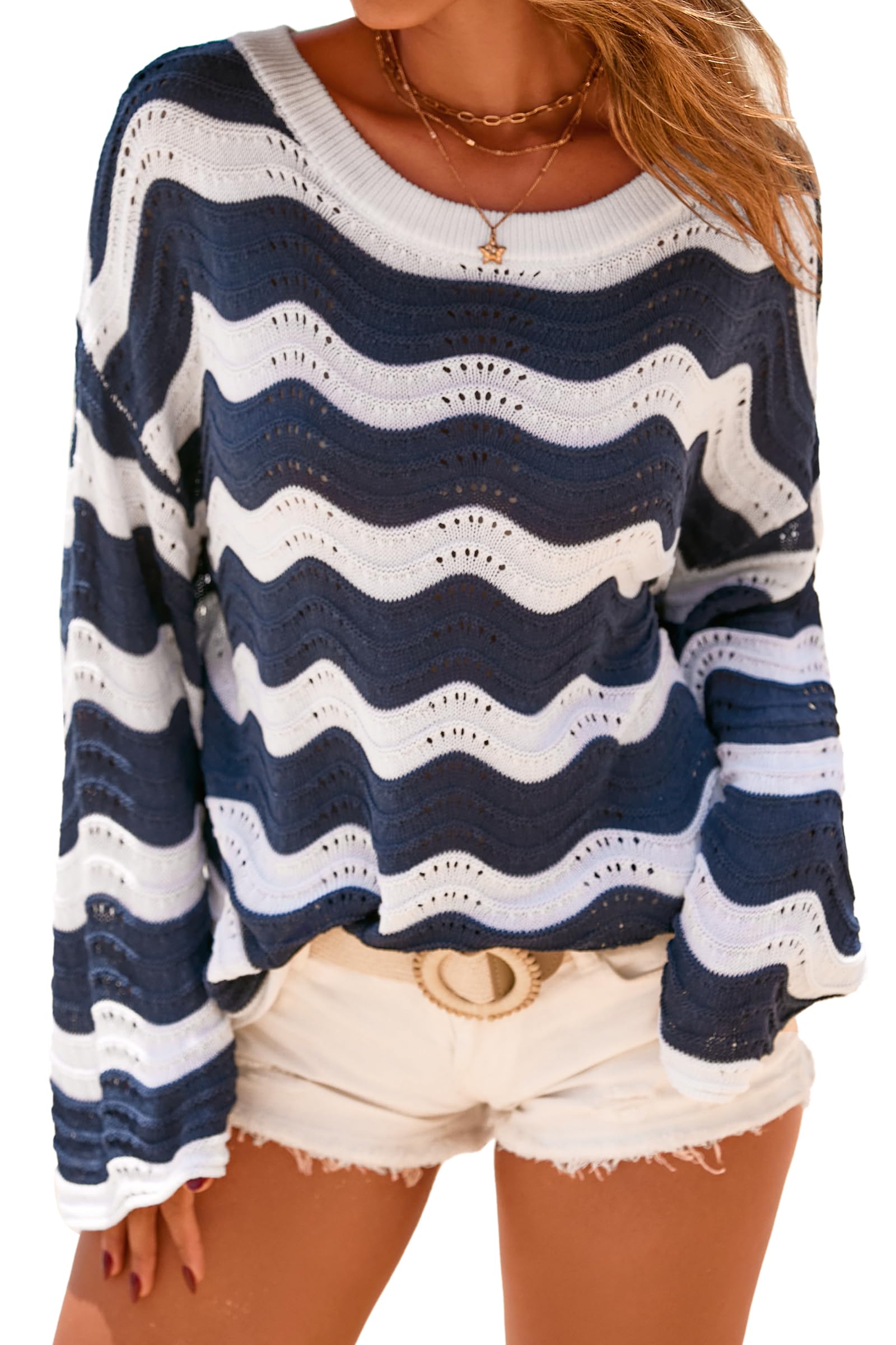 arach&cloz Women's Linen Blend Crochet Bell Sleeve Beach Vacation Striped Tops 2026-picture-12