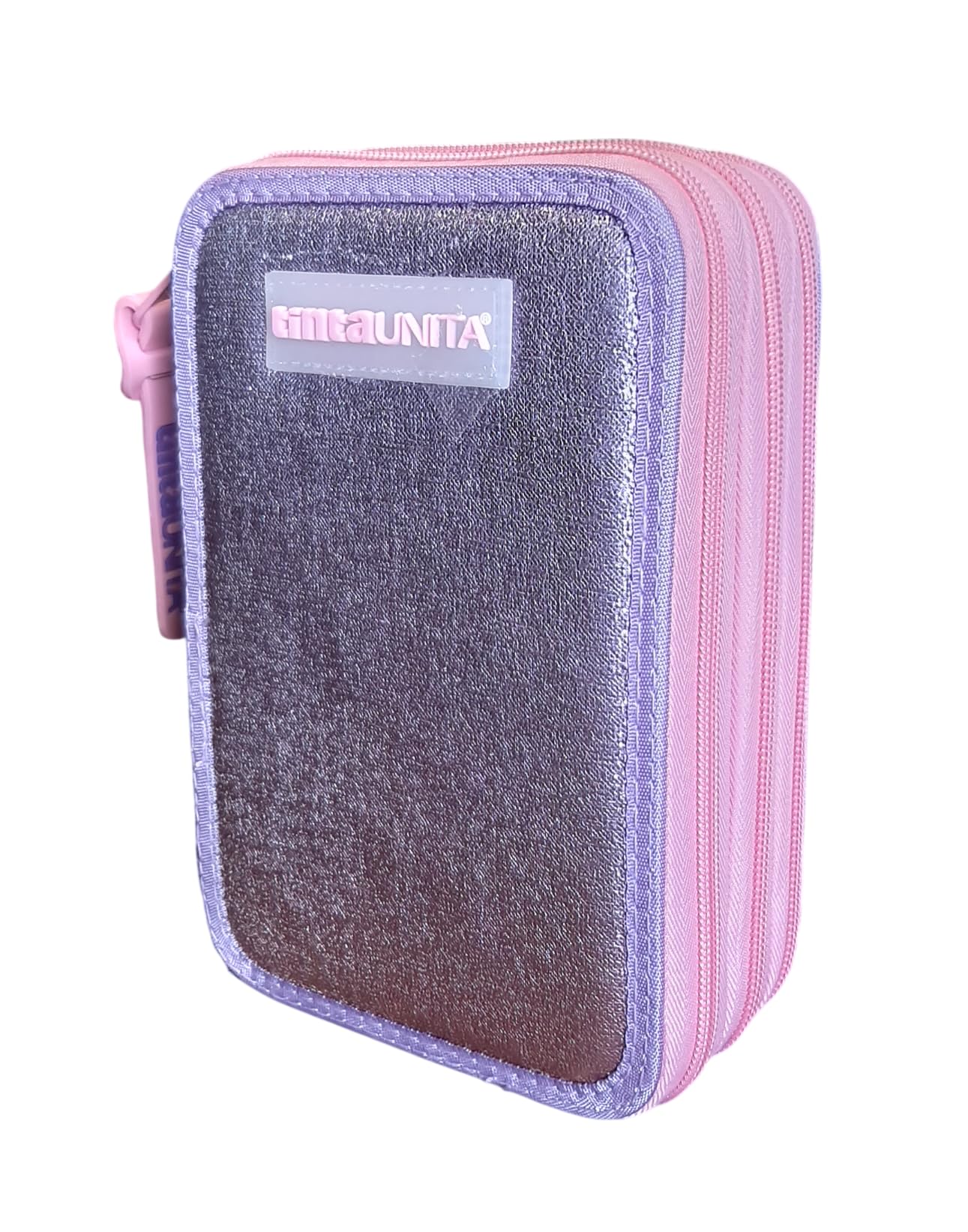 PRESTIGE & DELUXE Estuche de color liso con 3 cremalleras Gradient Glamour Elegant Rosa Violeta completo de papelería para escuela niña niña + llavero y bolígrafo de color