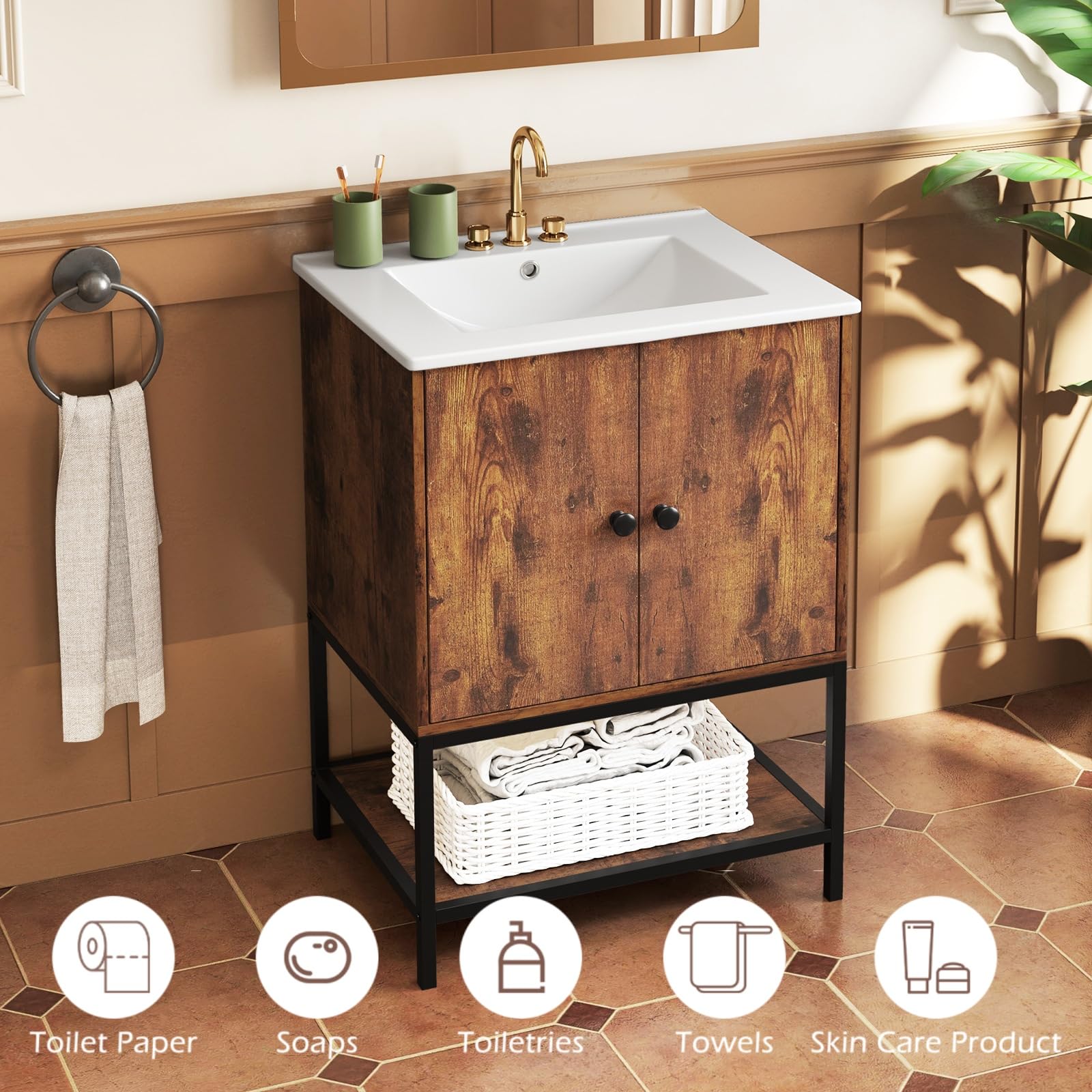 LIFEZEAL Meuble de Salle de Bain avec Lavabo, 61x46,5x87 Cm, Armoire de Salle de Bain avec Vasque en Céramique, Meuble WC Rangement avec Cadre en Fer, Vintage Brown