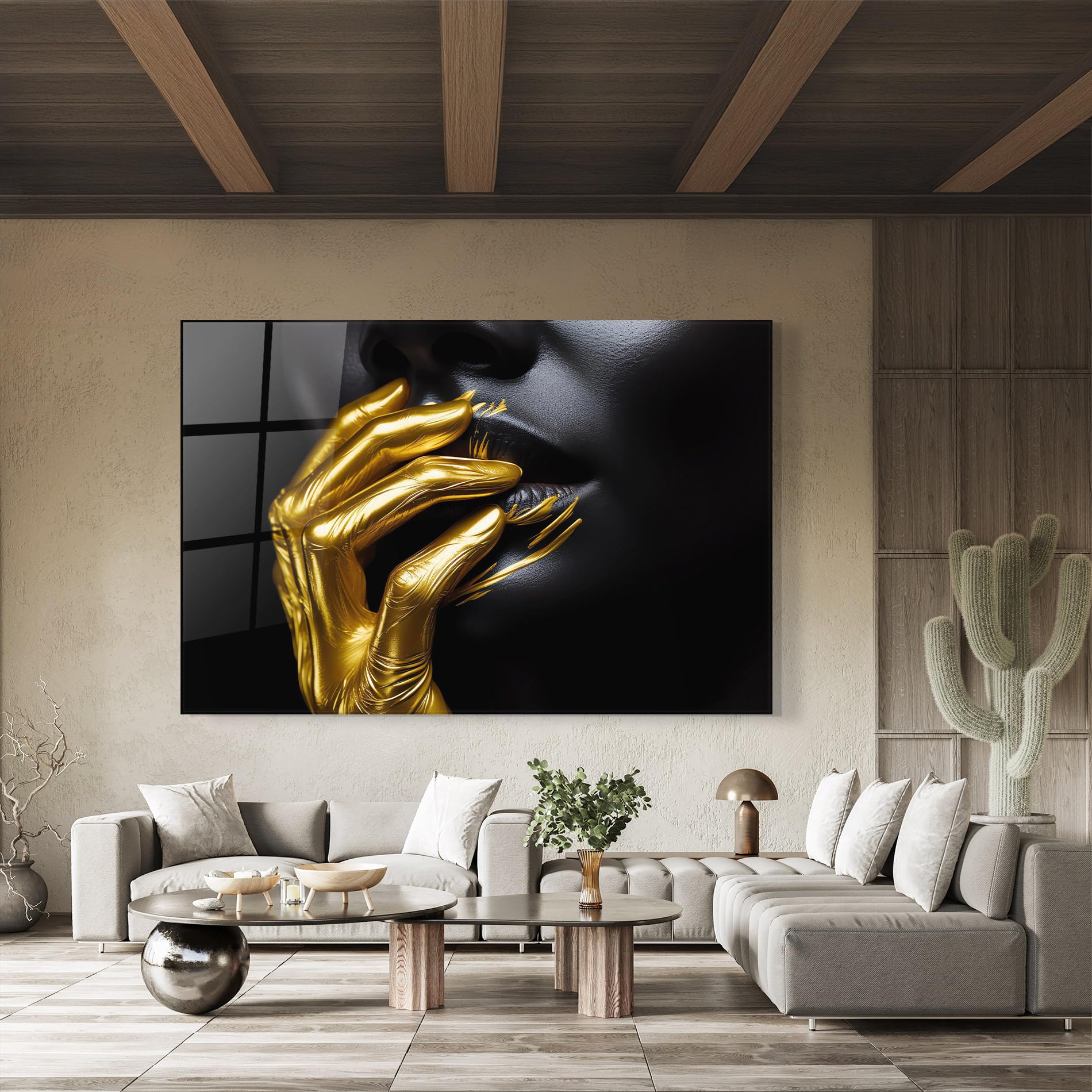 ARTHUB® Moderne impression sur verre 70x100 cm, 4mm verre trempé | Tableau en verre salon et chambre, Décoration murale moderne, Décoration intérieure, femmes, Gold Small Hand