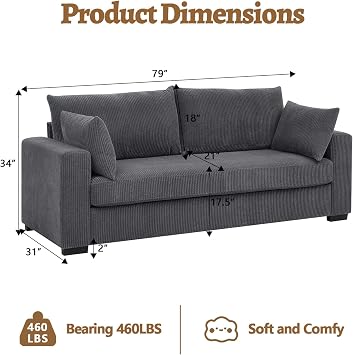 79 Loveseat Sofa, 2 Seater Couch with Pillows, 21in Extra Deep Seats, Comfy Corduroy Sofas for Living Room, Small Spaces, Bedroom (Dark Gray)