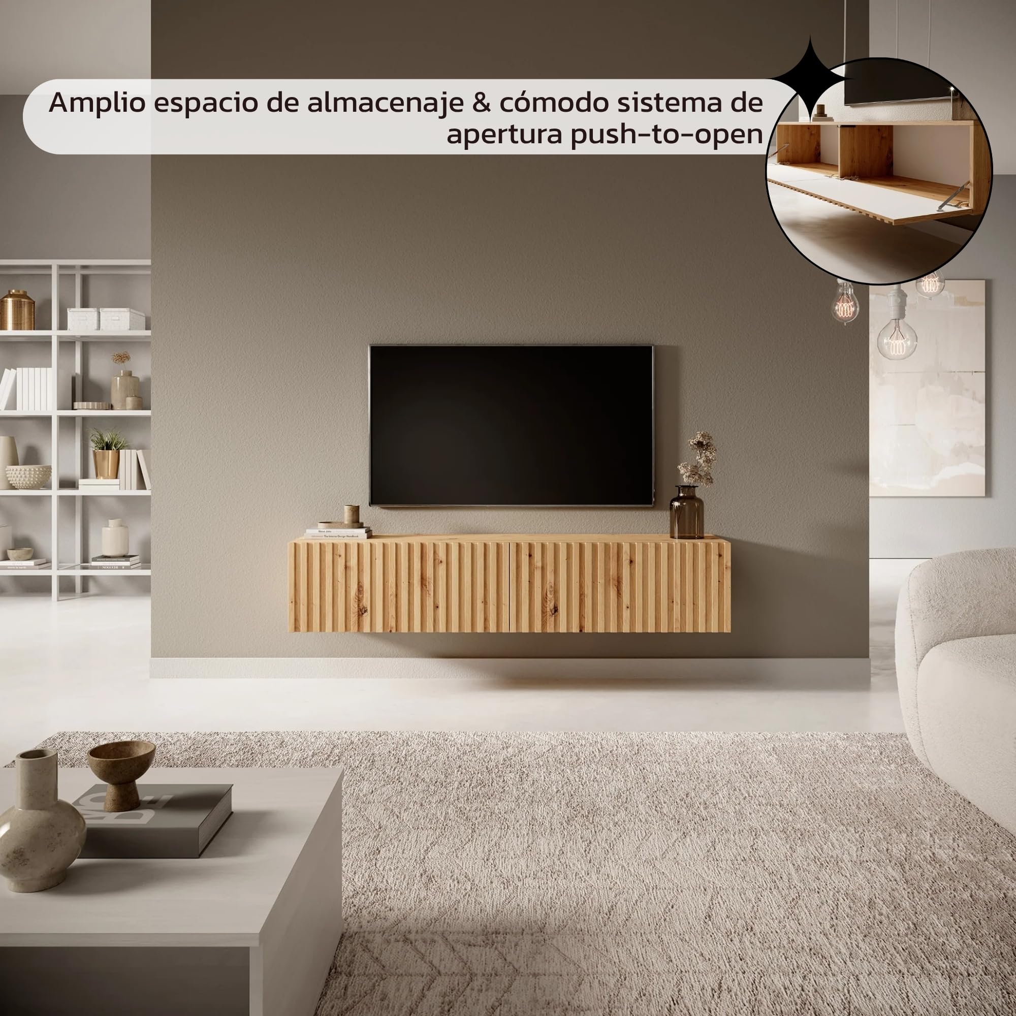 Selsey Telire - Mueble de TV Colgante - Roble Artesano con Frente de Lamas - 140 cm