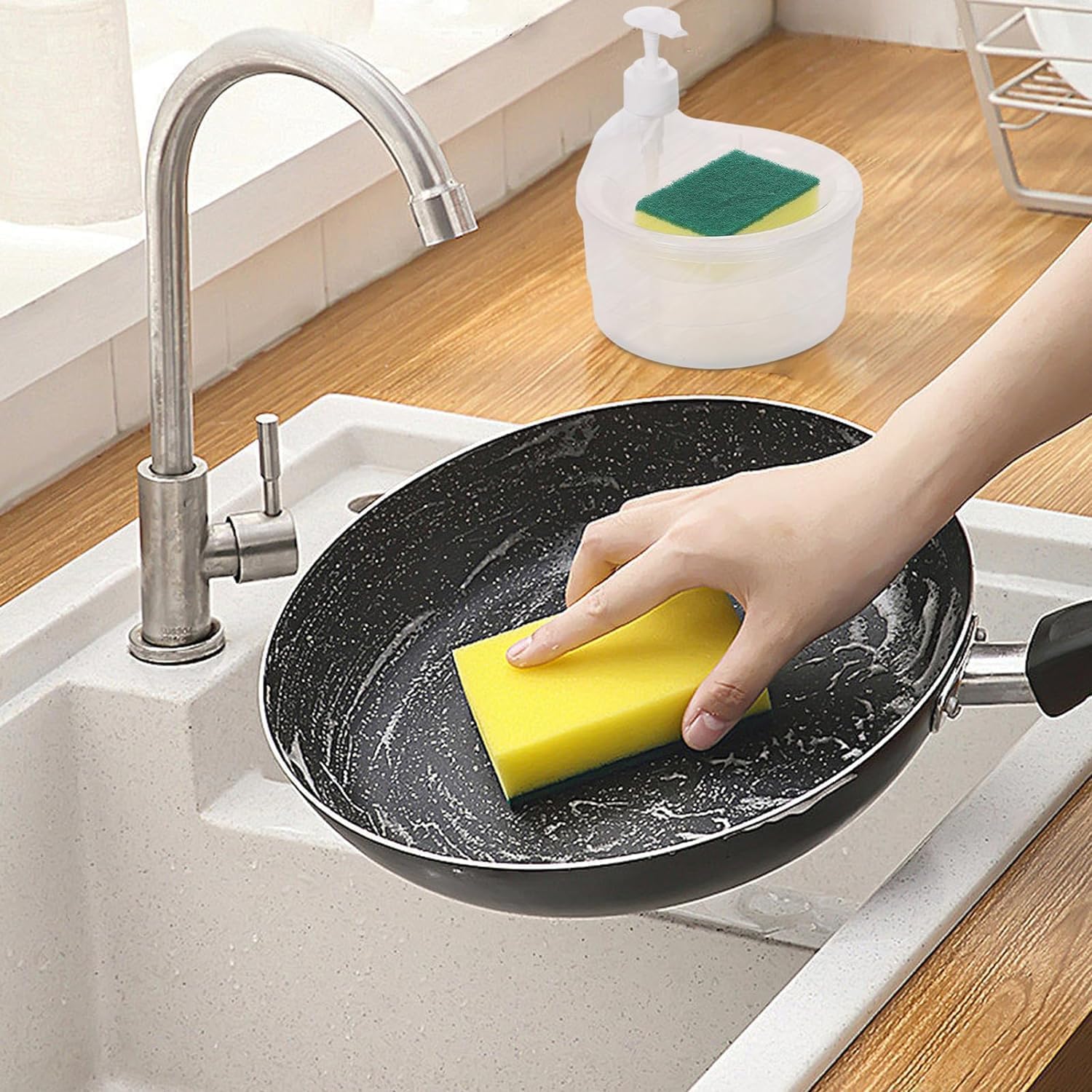 2 in 1 Double Layer Liquid Soap Dispenser Pump with Sponge, Perfect Sink Solution for Home Restaurent Dishwasher Liquid Holder Bathroom & Kitchen Sink Accessories (Multicolor) 4