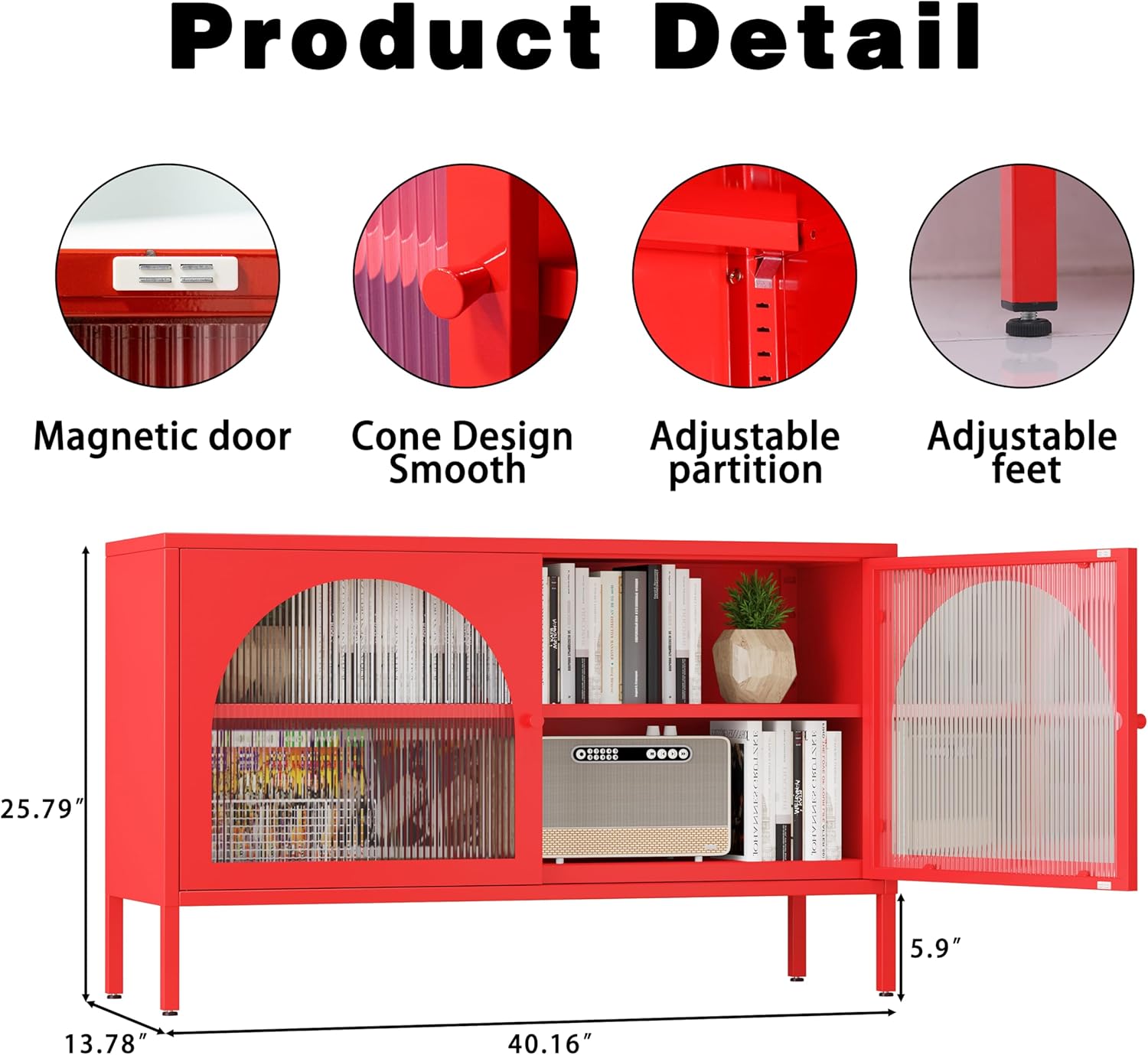Metal TV Stand, Modern Storage Cabinet with 2 Acrylic Doors, Display Hallway Cabinet with Adjustable Shelf, Living Room Storage Cabinet for Home,Office,Entryway,Dining Room,Bedroom,Red