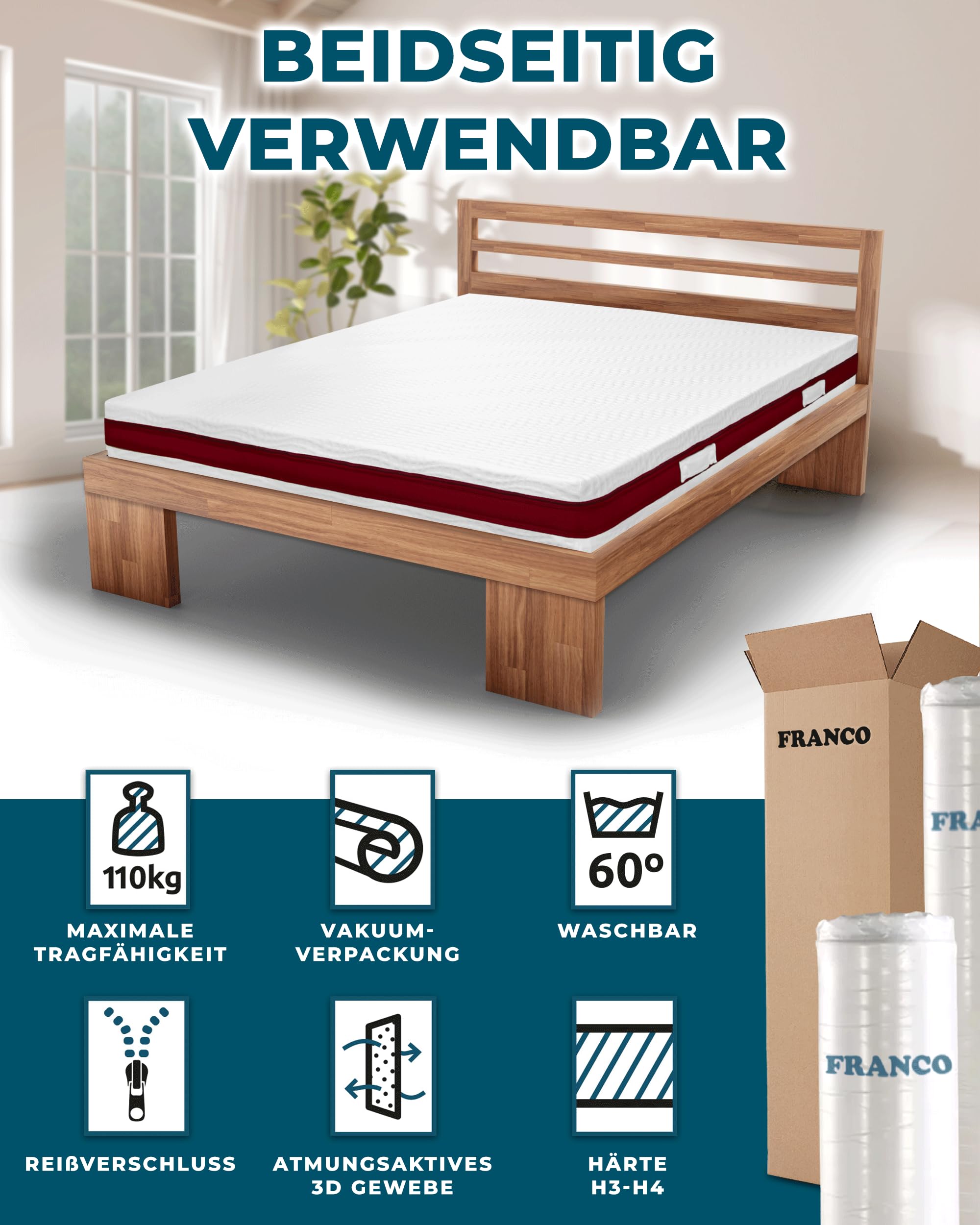 FRANCO Wellness Comfort Kaltschaummatratze 90 x 200 cm, wendbar H3/H4, 7 Zonen, 19 cm Höhe, antibakterieller Bezug, Öko-Tex Zertifiziert