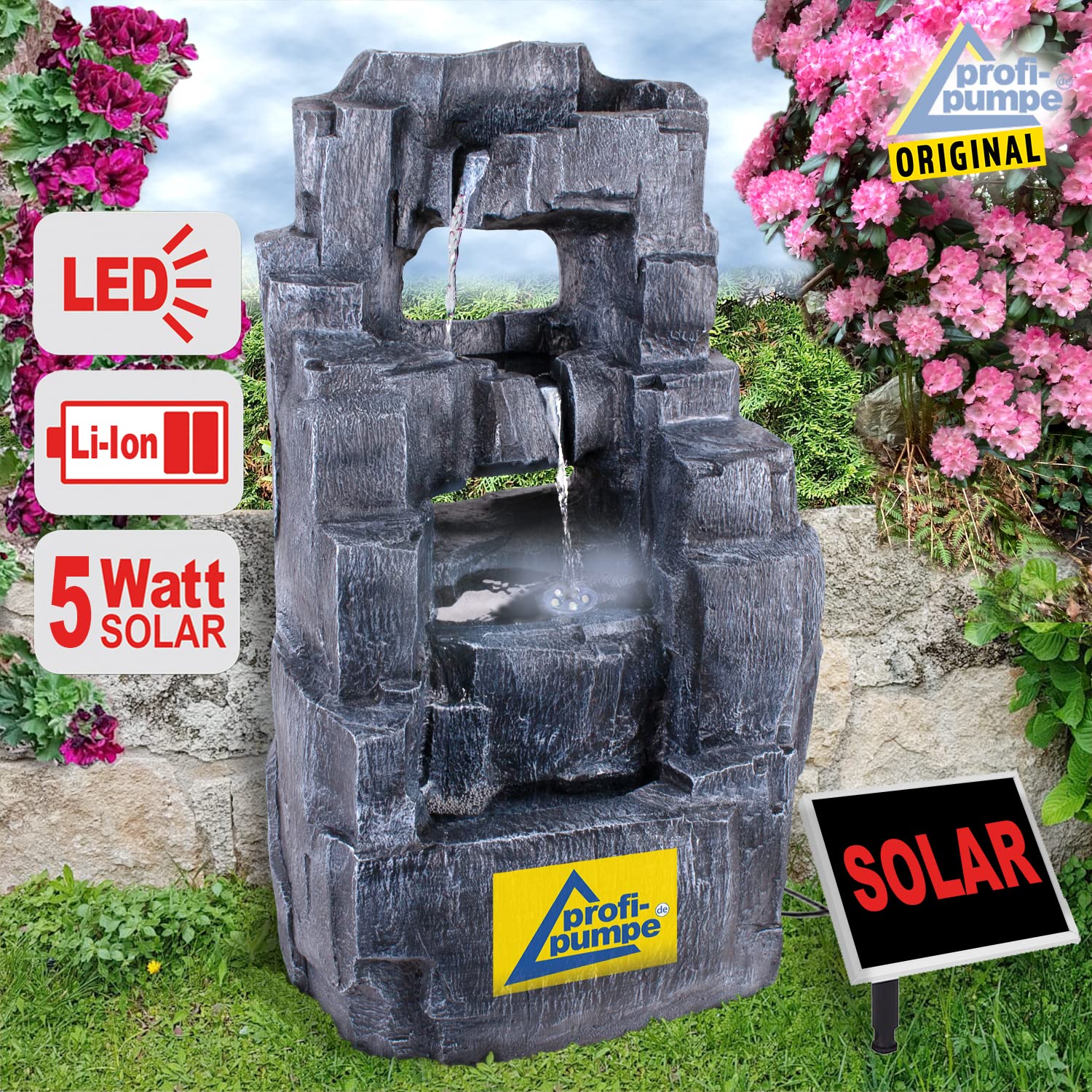 Fuente Solar de jardín, Fuente Decorativa, Fuente de Interior, Fuente de Cascada con luz LED y batería de Iones de Litio, Juego de Cascada para jardín, Estanque de jardín, terraza