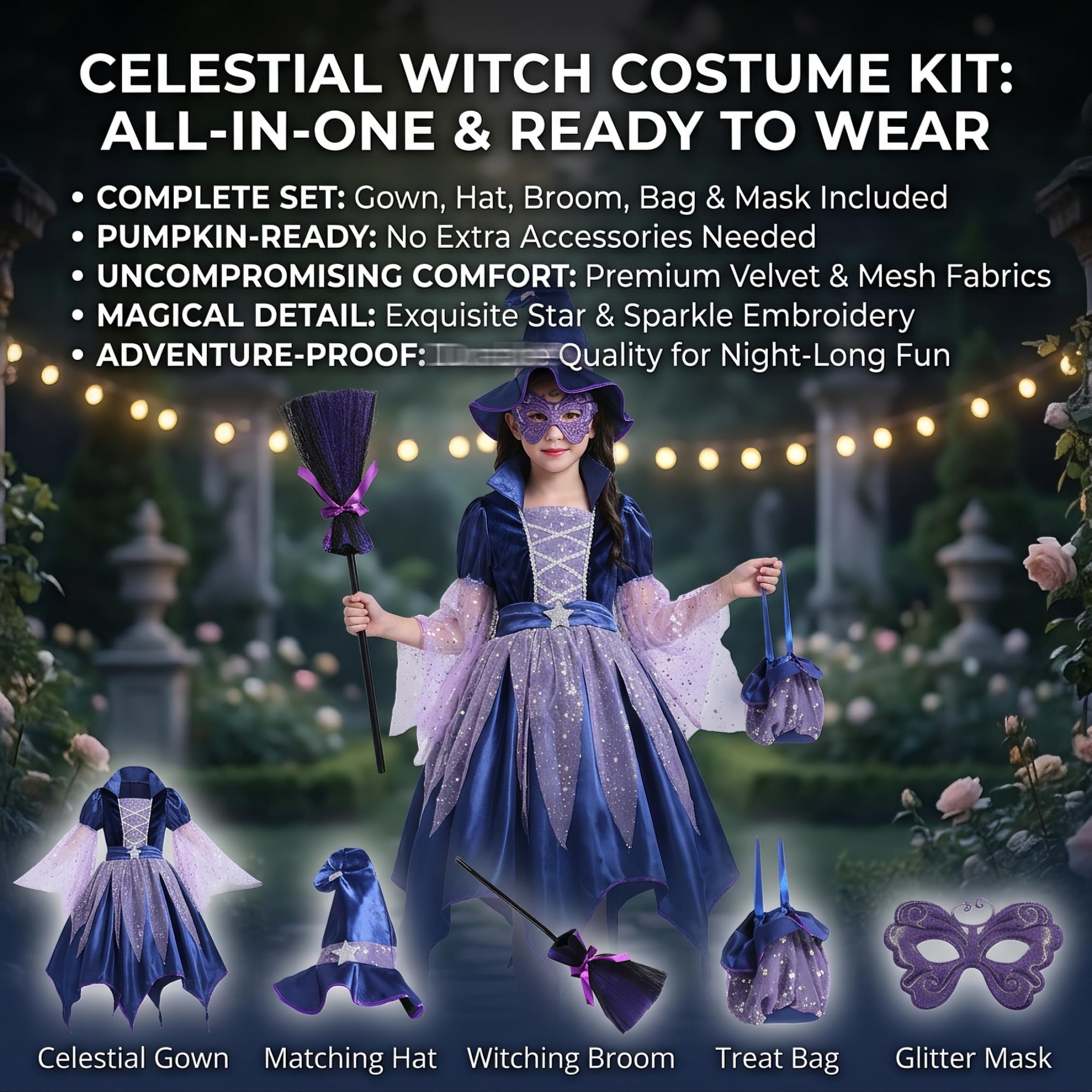 Costume da strega per ragazze, 1 set Costume da strega in velluto glitterato con rete, per Halloween Dress Up, L