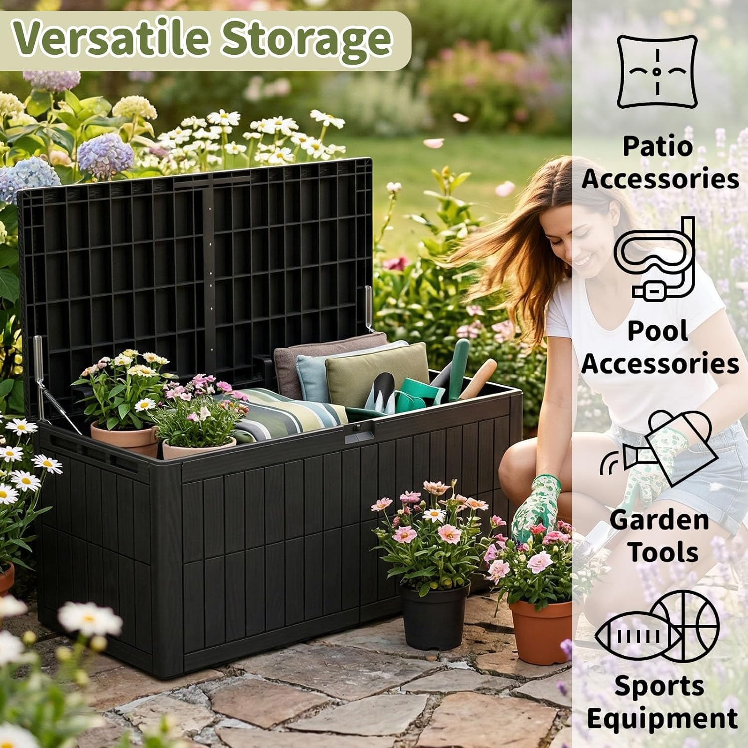 220 Gallon Outdoor Storage Box, Waterproof Lockable Resin Deck Box for Patio Furniture Cushions, Garden Tools, Pool Supplies, Extra Large Patio Storage Chest with Double Wall Design, Black