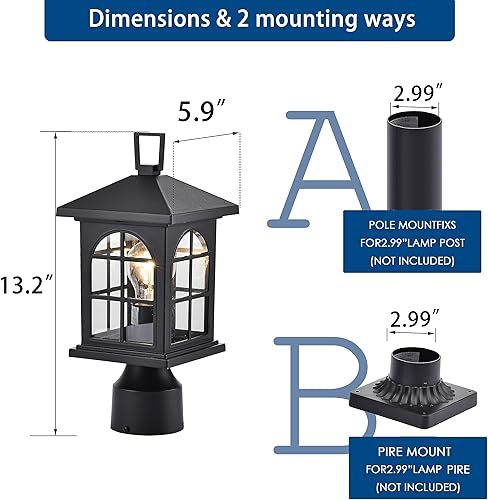 Miniatura 3 de ASHOP Lámparas de poste para exteriores, paquete de 2 luces negras para postes de luz al aire libre para poste de patio, farol de aluminio al aire