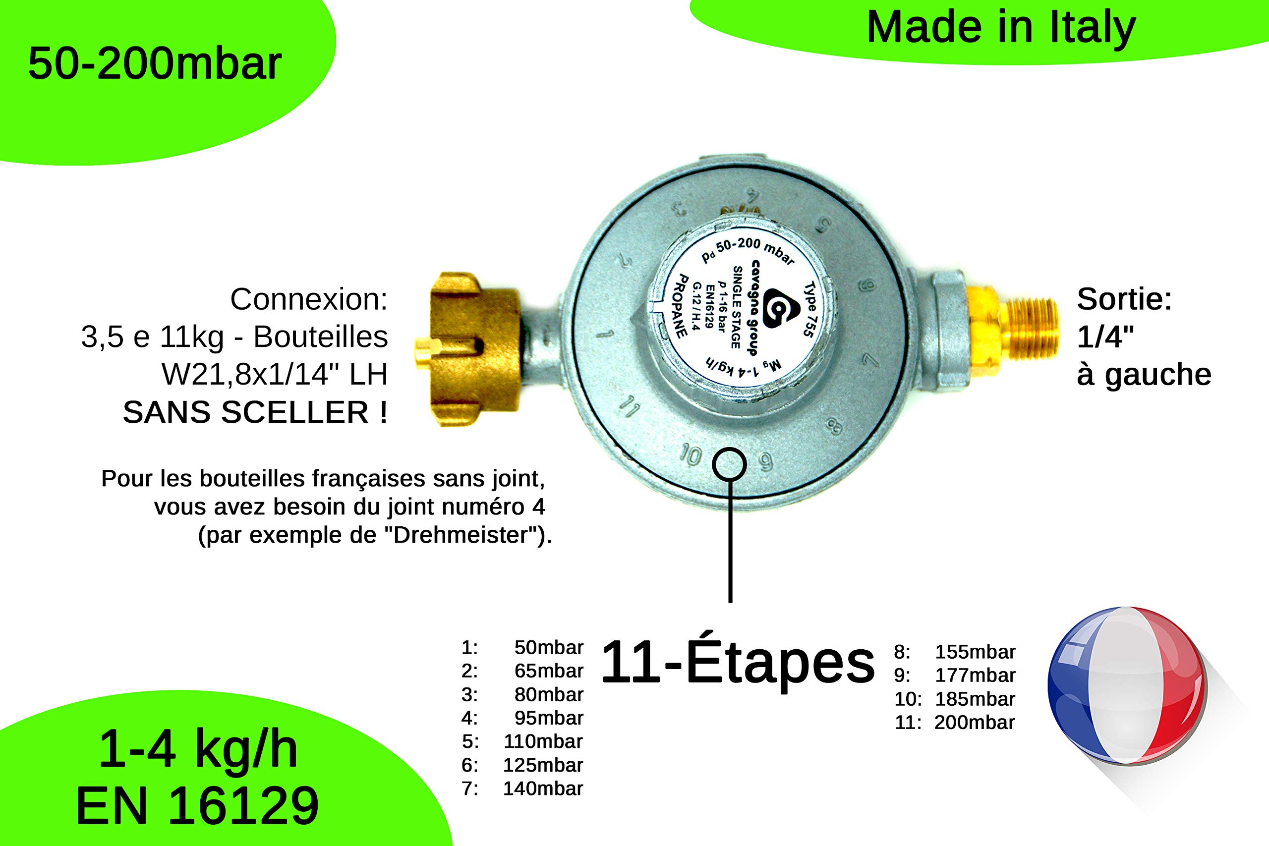 CAVAGNA Regulator niskiego ciśnienia 50 – 200 mbar, 11-stopniowa regulacja ciśnienia gazu do grilla gazowego, grzejnika, promiennika tarasowego, kuchenki