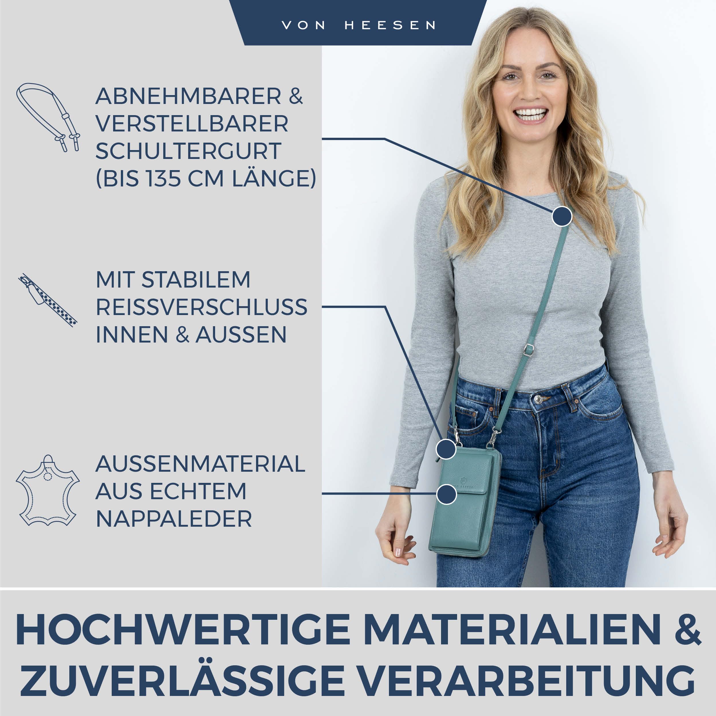 VON HEESEN Leder Handy-Geldbörse mit RFID-Schutz - Handytasche mit Portemonnaie für Damen & Herren aus echtem Leder - Wallet mit Münzfach - Geldbeutel für Frauen und Männer in Türkis (Silver Pine)