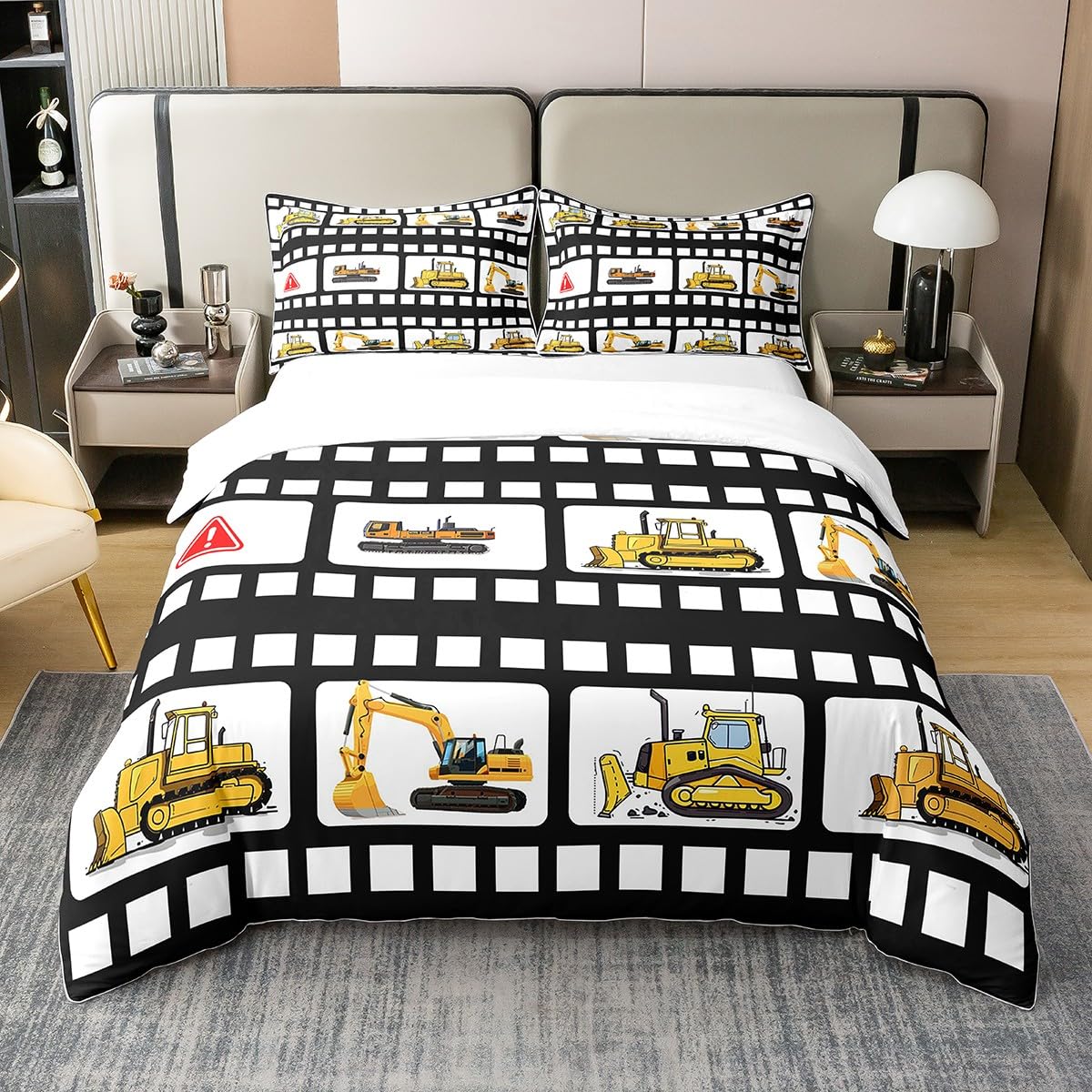 Homewish 100% Cotton Excavator Duvet Cover Double, Tractor Outdoors Vehicle Cars Soft Comforter Cover, Gird Equipment Trucks Bedding Set For Bed, Black Yellow Lattice Printed Quilt Cover