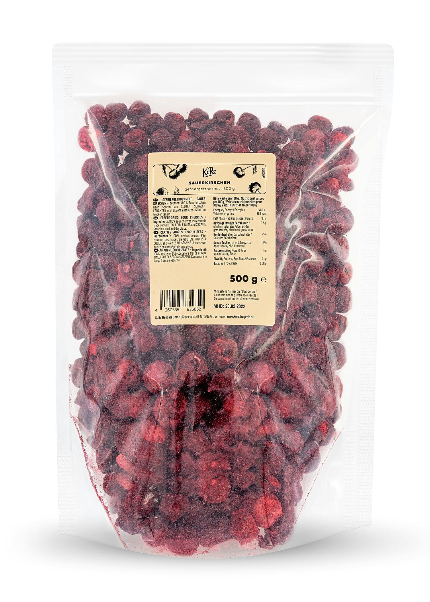 KoRo - Griottes entières lyophilisées 500 g - Fruits secs entiers, purement végétaux et vegan.