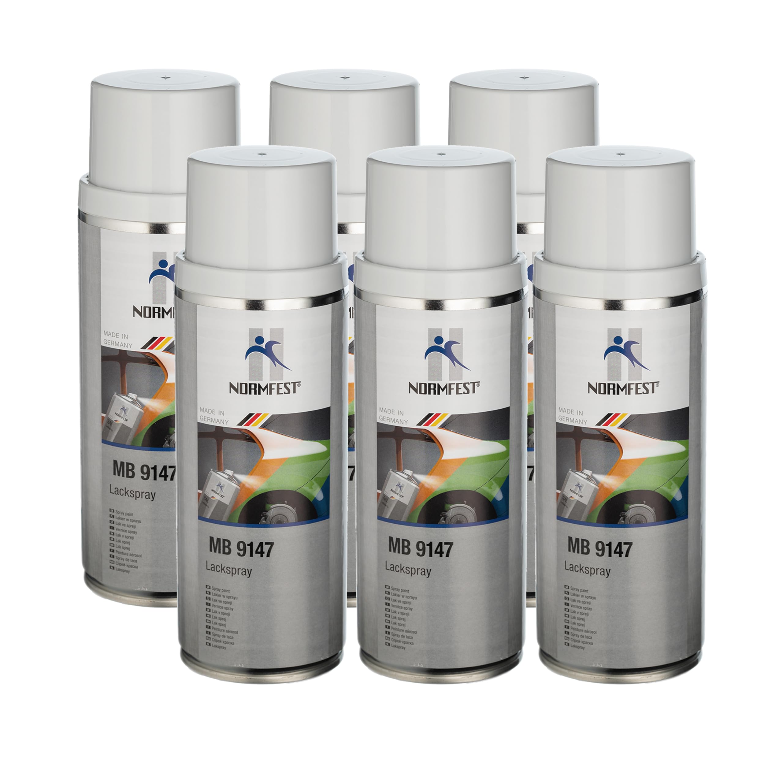 Normfest Lackspray MB 9147 Arktikweiß – seidenglänzender Nitro-Kombinationslack, hohe Deckkraft, witterungsbeständig, ideal für z.b. Sprinter, Vito Fahrzeuge und mehr, schnelltrocknend, 6x 400 ml
