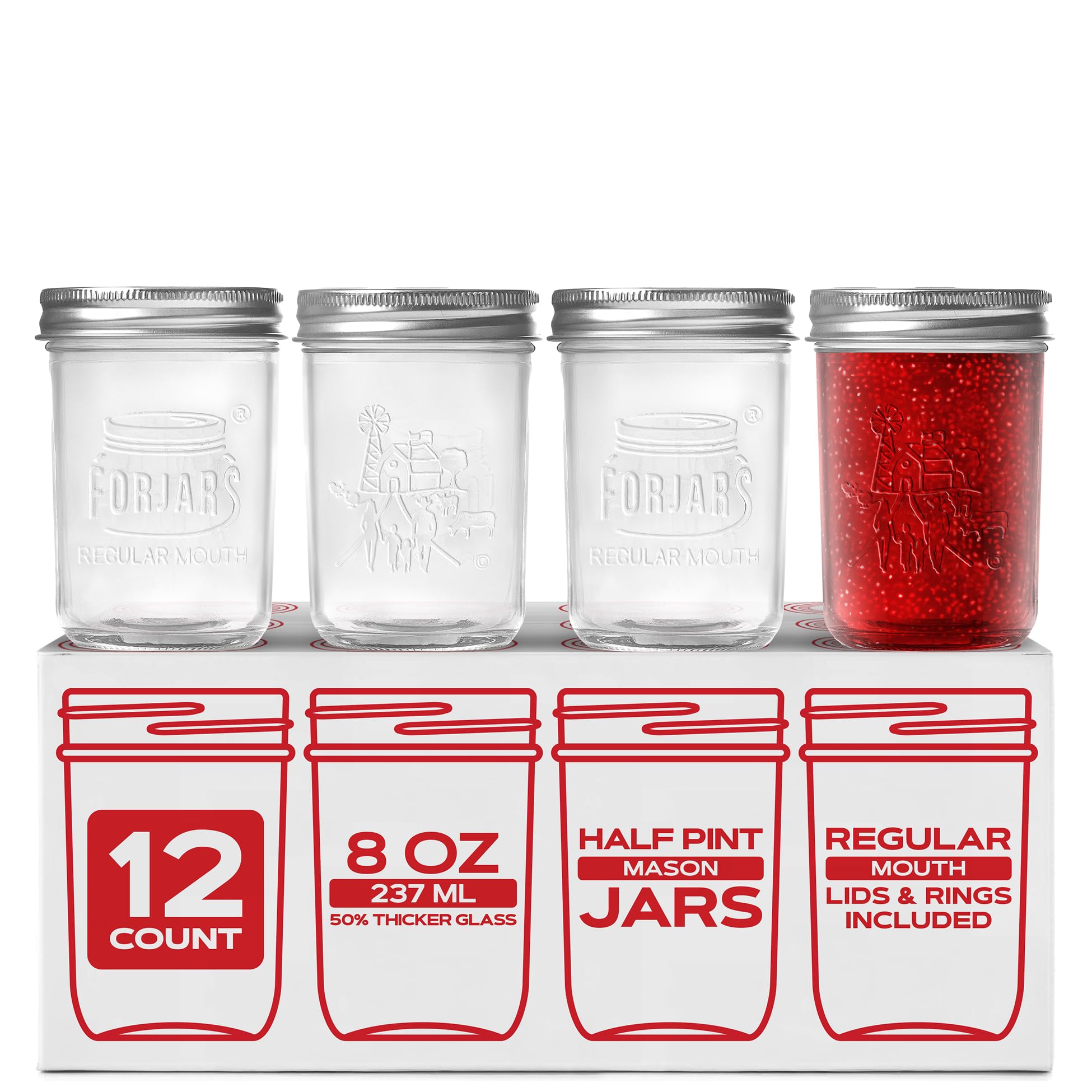 FORJARS® Premium Mason Jars with Lids – 8oz | Regular Mouth Canning Jars | 12-Pack Glass Jars for Jam, Jelly, Pickling, Food Storage, Freezer Safe, Airtight Bulk Set