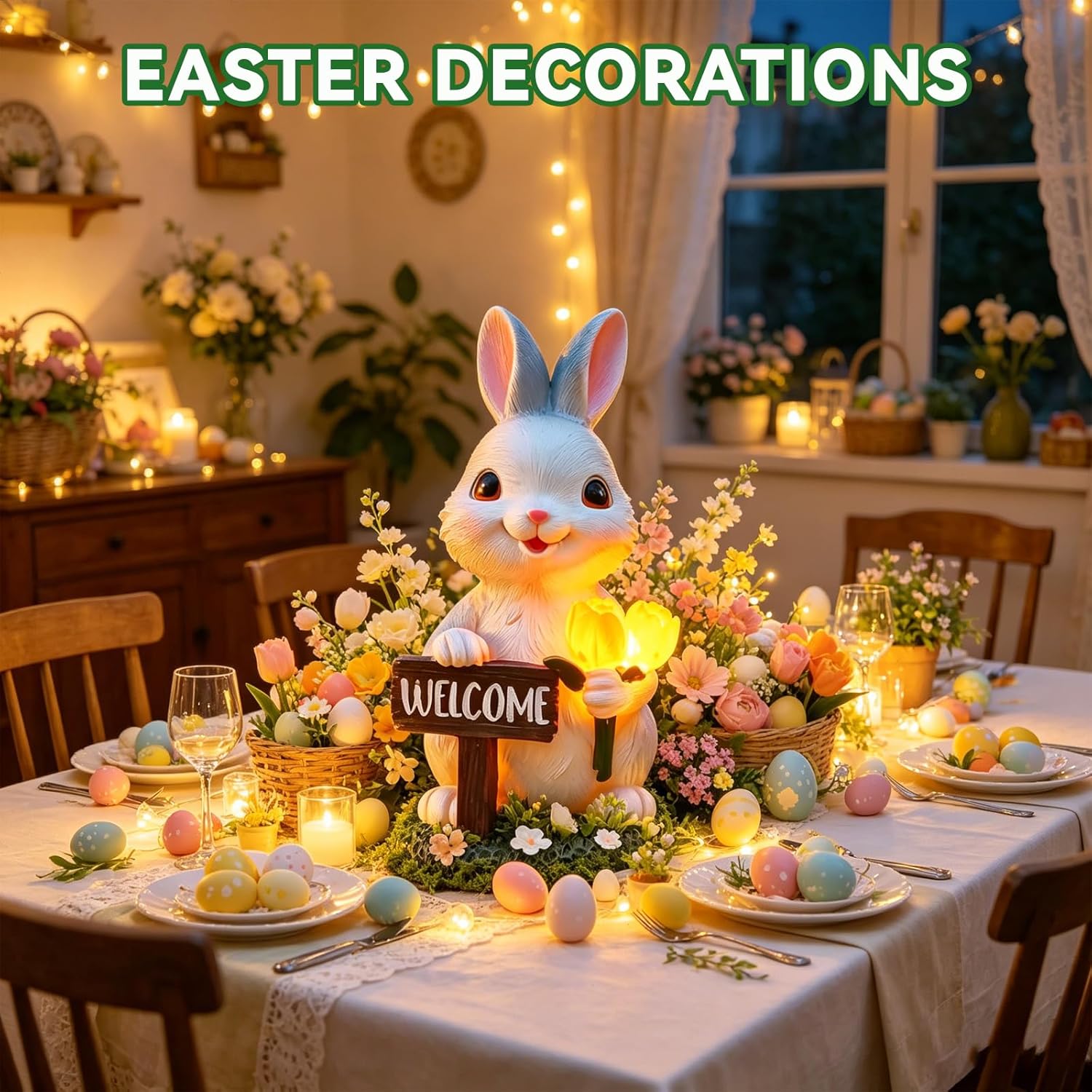 AVEKI Solar Garden Statue Rabbit with Succulent and LED Lights, Birthday Gifts for Mom Grandma Wife Sister Women, Solar Glasses Bunny Figurine for Garden Yard Decorations Lawn Ornaments (Bunny)