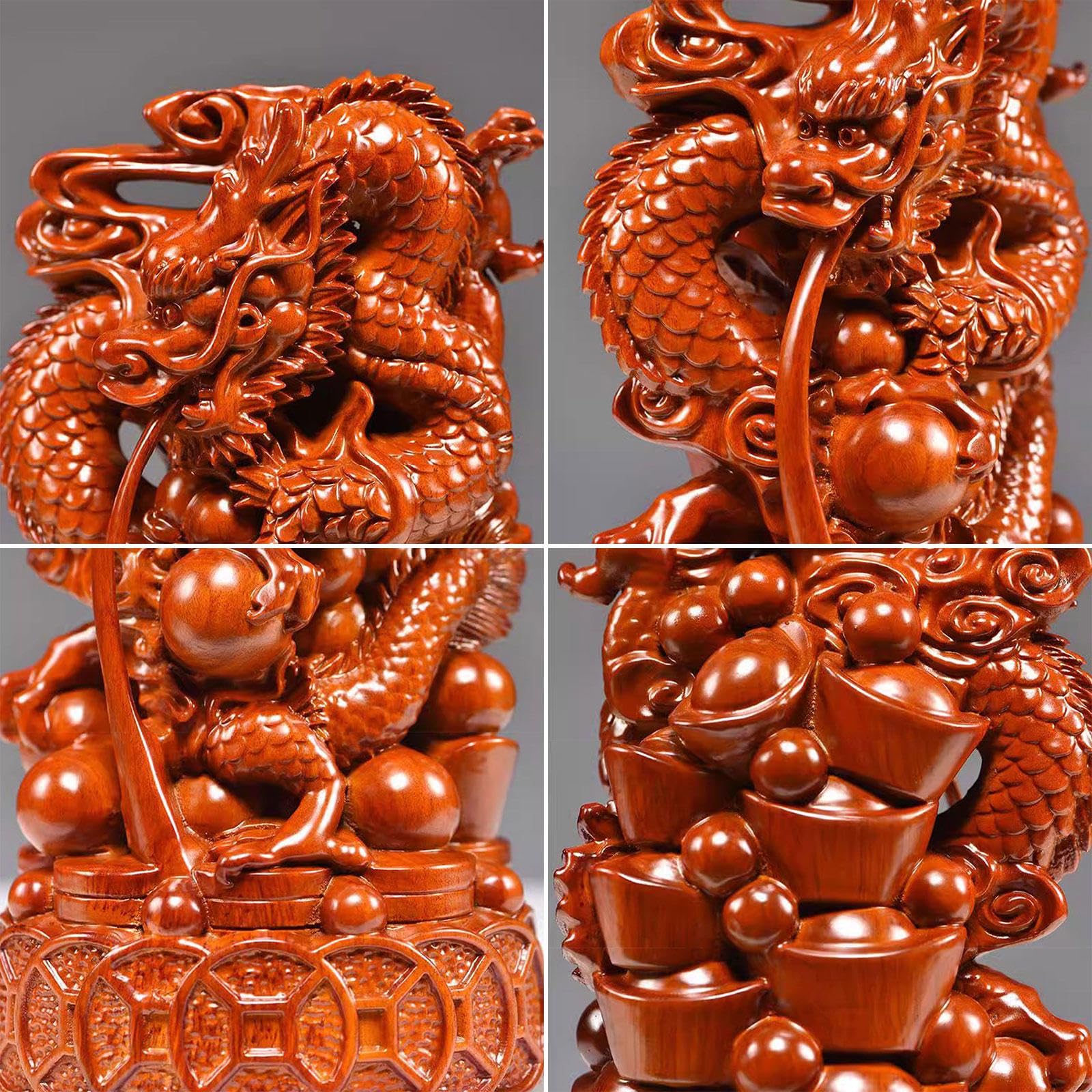 Statue de Dragon Chinois | Figurine de Dragon Fengshui | Figure Animale du Zodiaque en Bois | 2024 Année de La Sculpture du Dragon pour Attirer La Chance et La Richesse,Large
