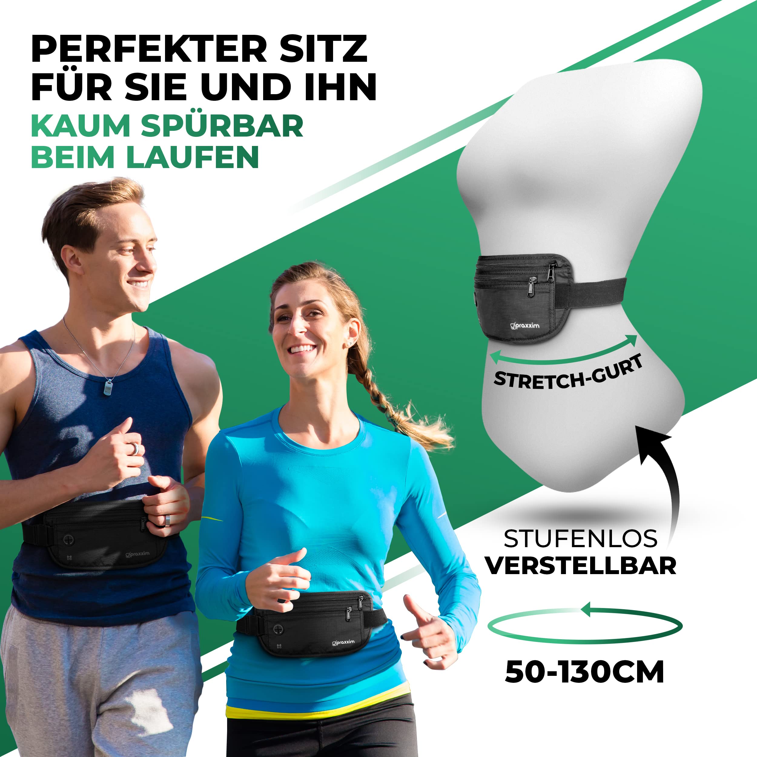 praxxim Die Bauchtasche zum Joggen - Perfekt sitzende Lauftasche - Bauchtasche Damen & Herren - Gürteltasche - Laufgürtel für Jogging und alle Handy Größen (schwarz)