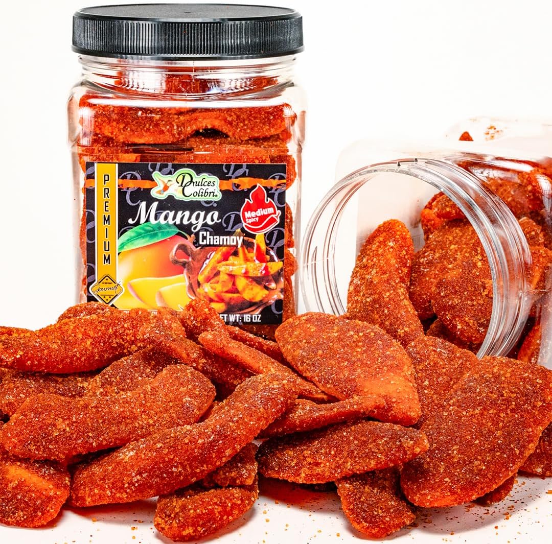 Mango Chamoy | PREMIUM | MEDIUM SPICY | Family Size - 16oz Jar | Mess Free | Soft Chewy Mango Slices |