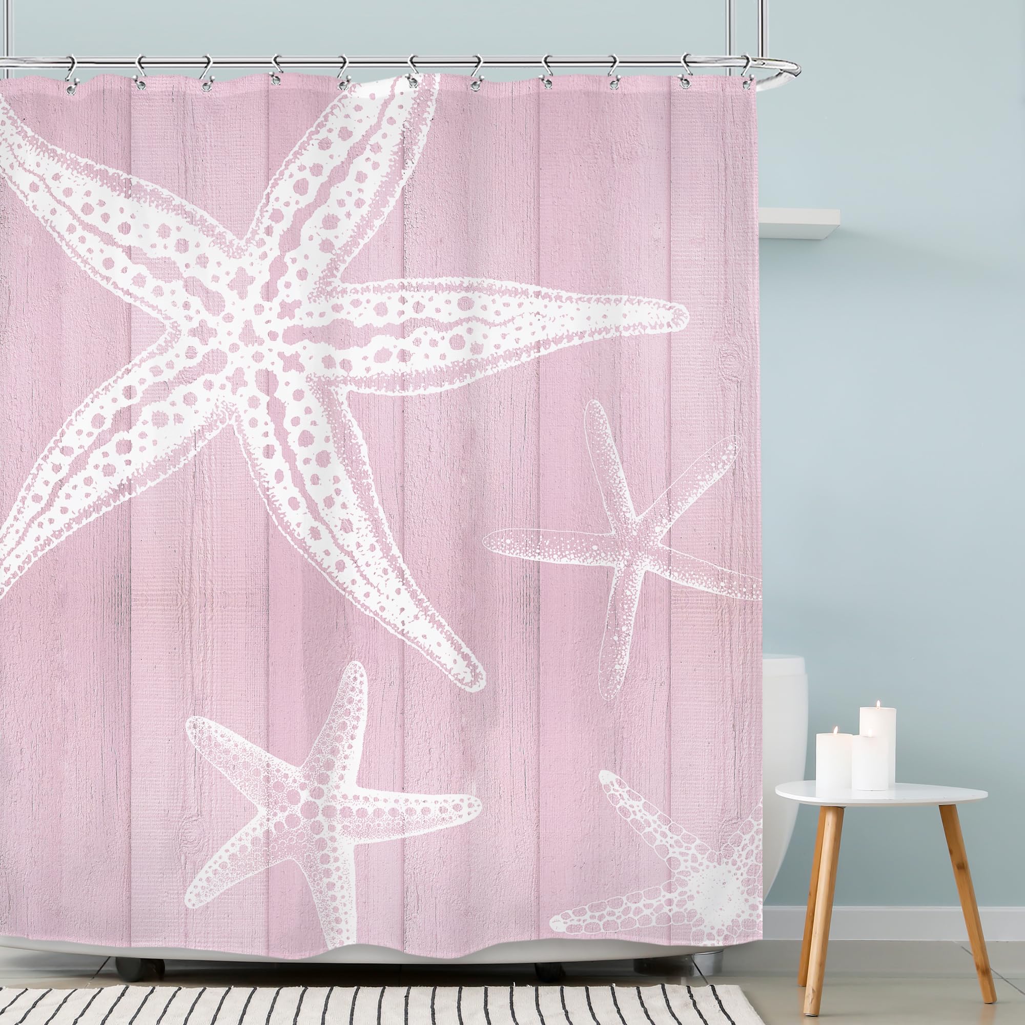 AMBZEK Pink Beach Shower Curtain 60Wx72L Inch Coastal Starfish Nautical Ocean Farmhouse Rustic Vintage Country Wooden Artwork Cloth Fabric Waterproof