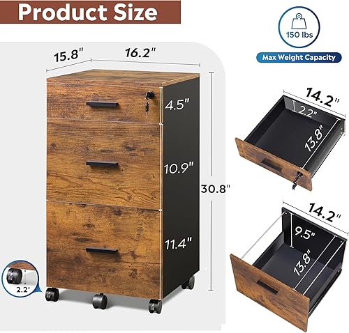 Miniatura 10 de DEVAISE Archivador de 3 cajones con cerradura, archivador de madera para tamaño cartaA4 para oficina en casa, color negro