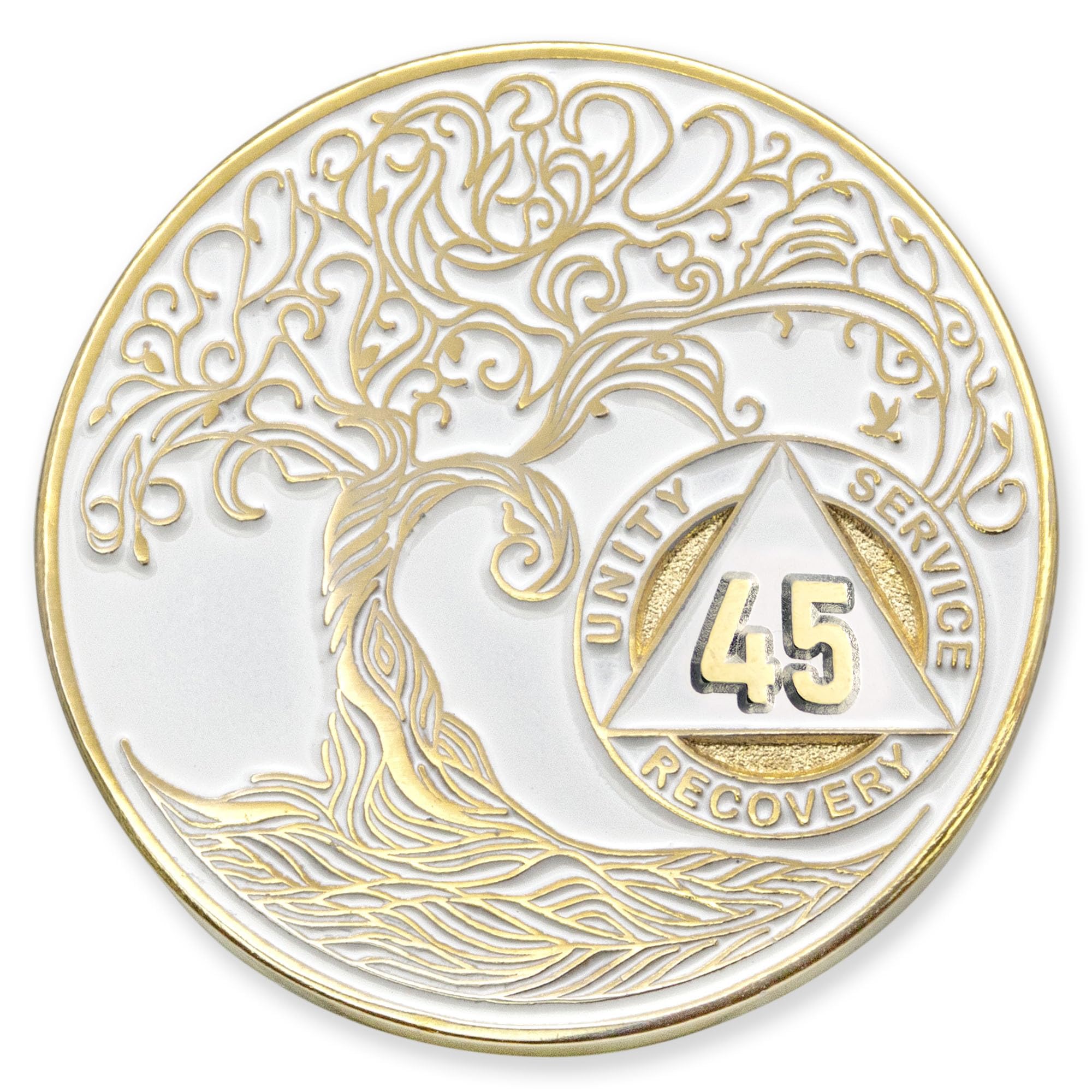 1 to 50 Year Twisted Tree of Life Sobriety Coin - Gold Plated AA Chips &amp; Medallions - 45 Year Sobriety Coin - White
