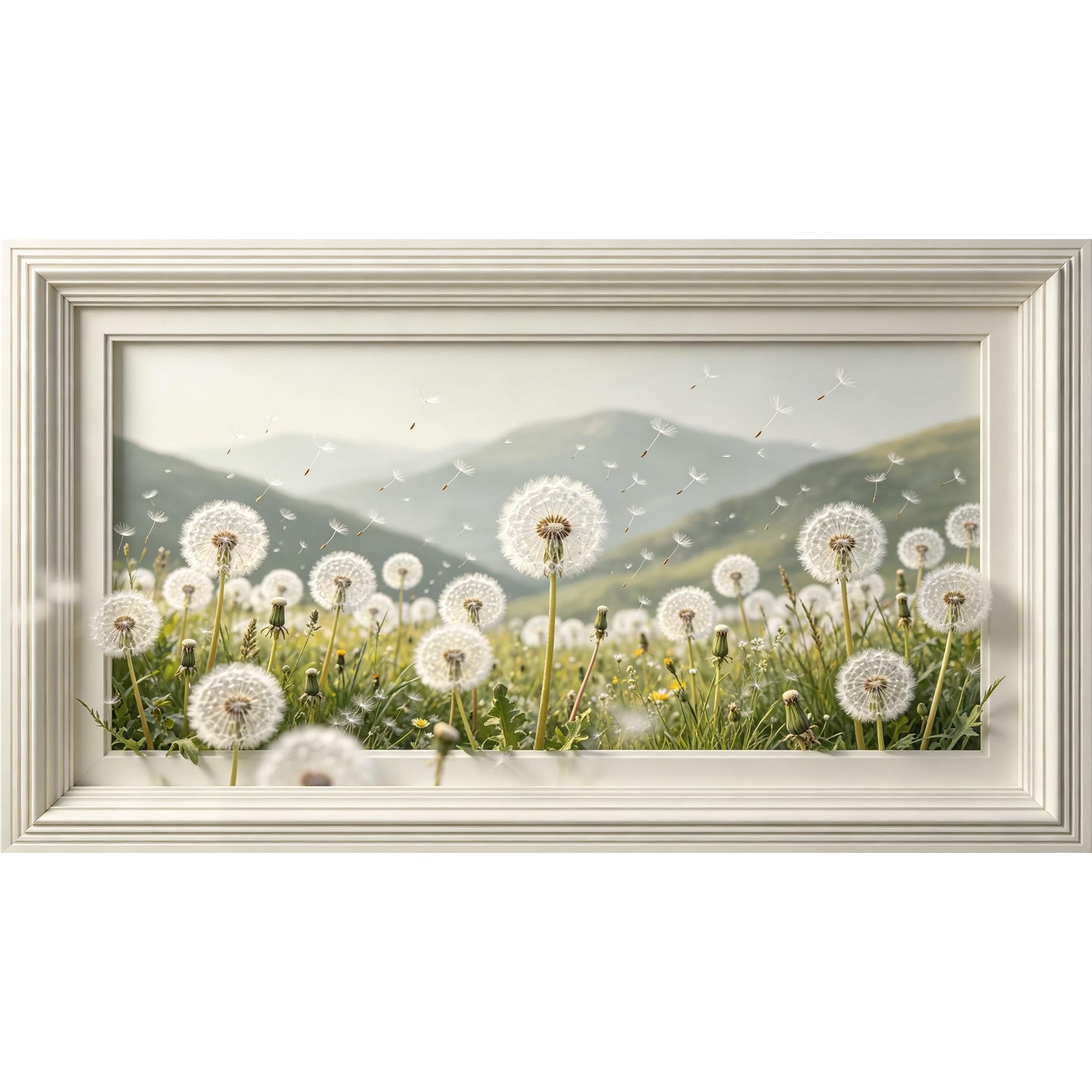 QZLITHOTIC 50×90cm3D Framed Wall Art， Dandelion Meadow Mountain Landscape Self?Adhesive Mural， Water?Activated Peel & Stick Fabric Decor Wall Decal for Bedroom Living Room