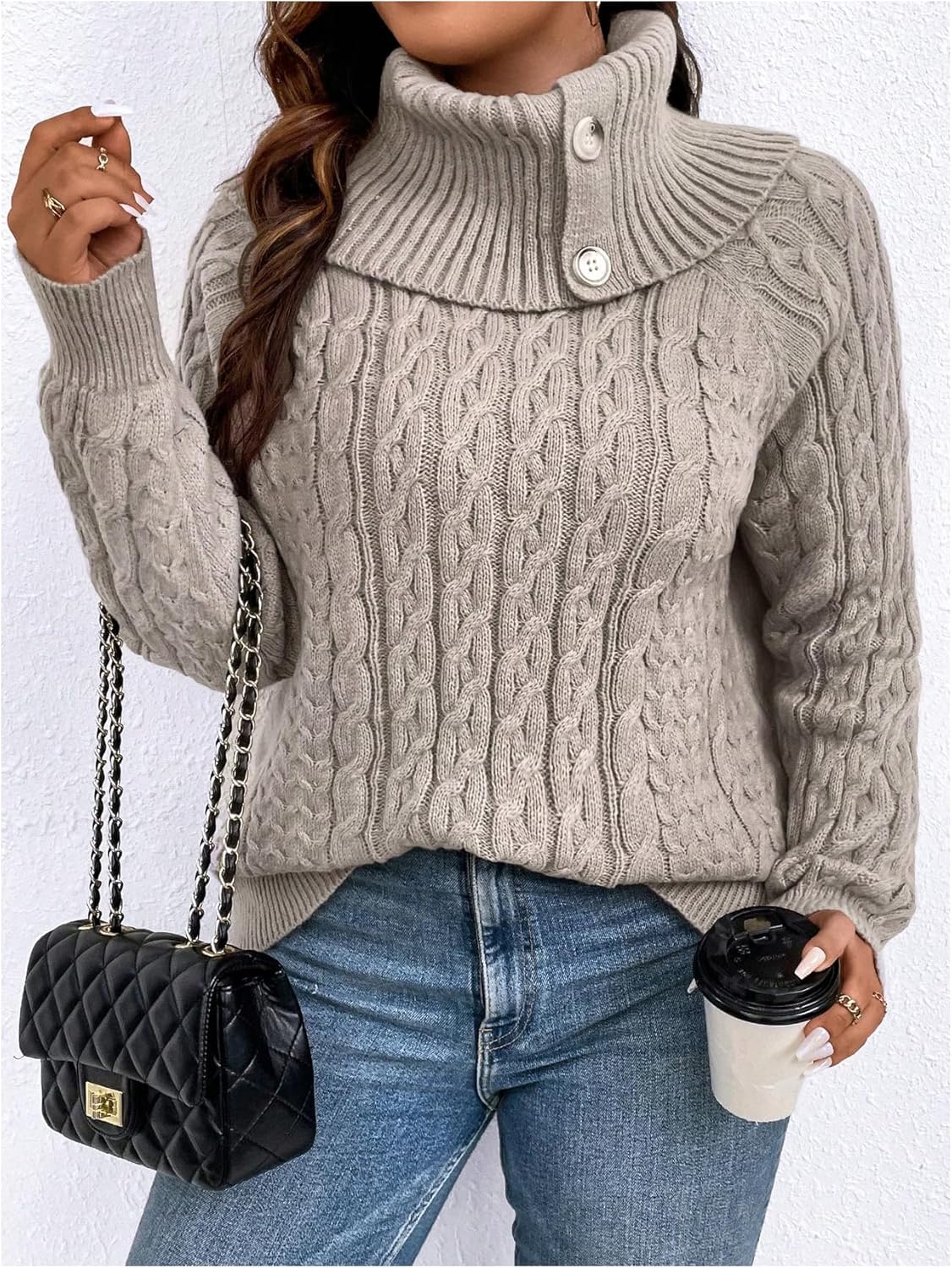 MakeMeChic Women's Plus Size Cable Knit Turtleneck Sweater Button Long Sleeve Pullover Tops - Image 2