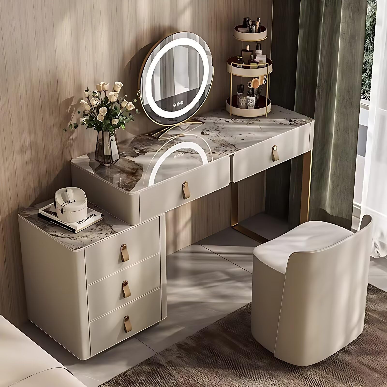 LPP-AWH Vanity Desk - Makeup Desk with 5 Drawers and Smart LED Mirror, Leather, Solid Wood Vanity Table Include Rock Slab Desktop & Makeup Chair for