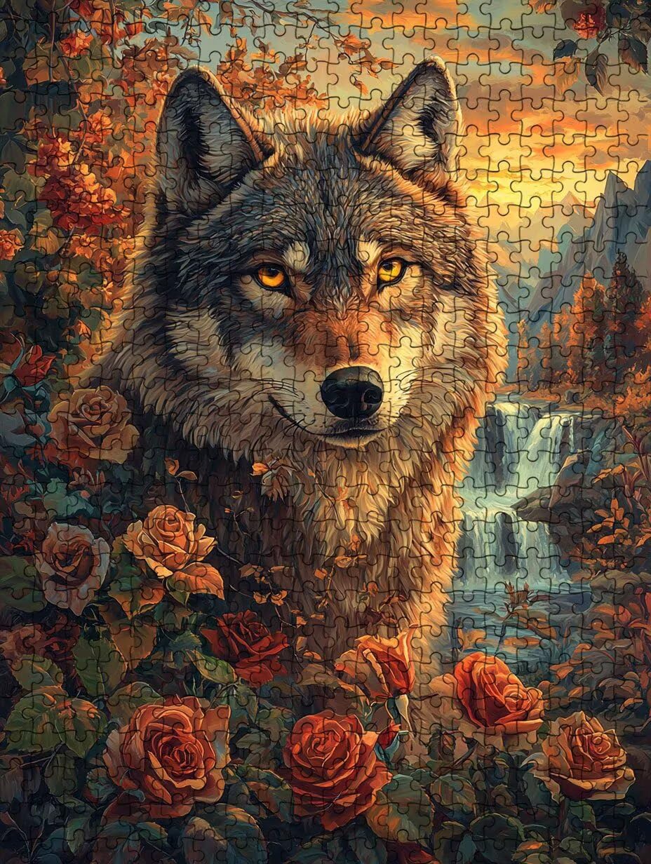 Puzzle 1000 elementów, wilk kwiatowy puzzle dla dorosłych 1000, niemożliwe klasyczne układanki, drewniane układanki, gra rodzinna, do gry edukacyjnej wyzwanie zabawki, dekoracja ścienna prezent BXHZW5