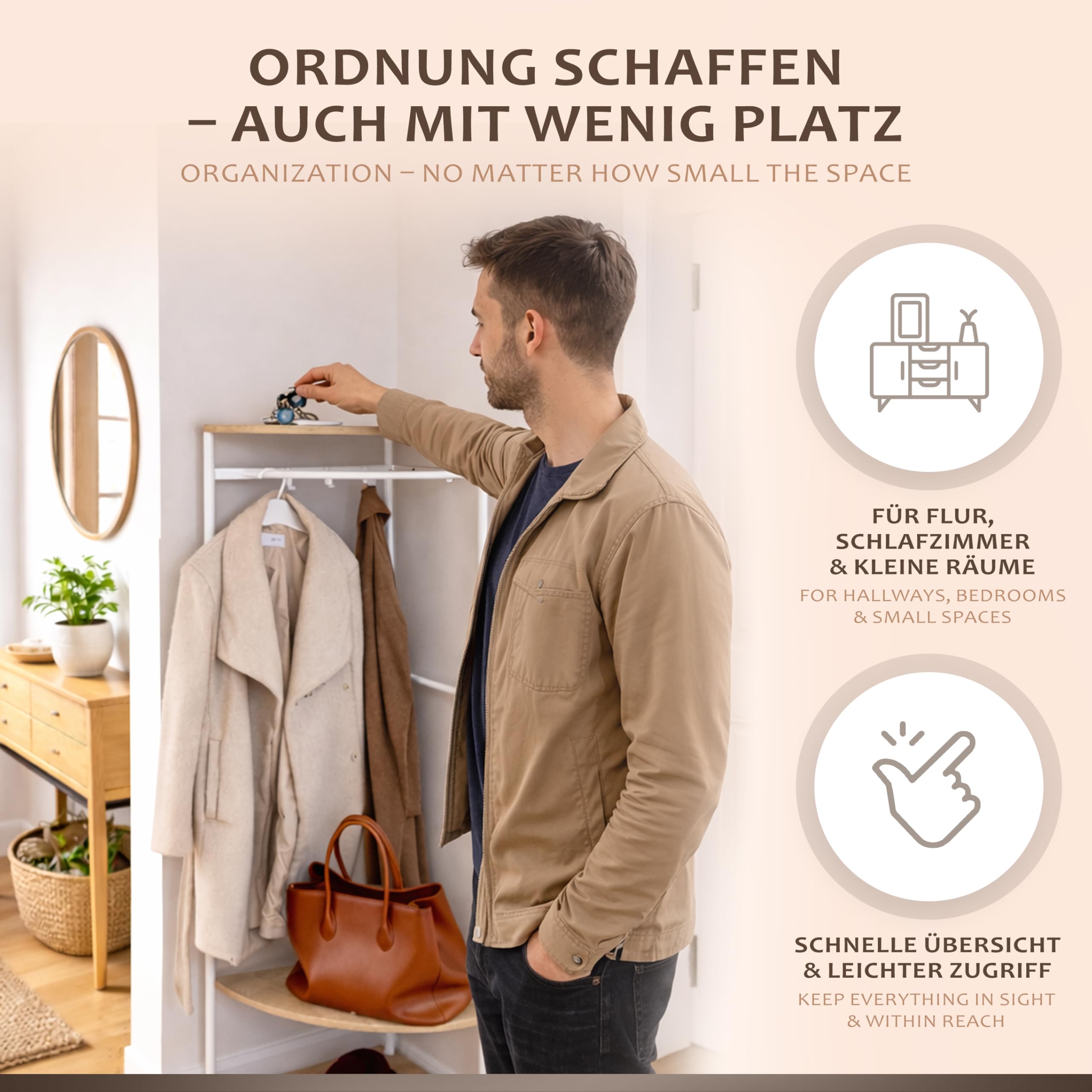 ONVAYA® Appendiabiti ad angolo, elegante e compatto, con ripiano e asta appendiabiti, per corridoio, salvaspazio, appendiabiti angolare di alta qualità