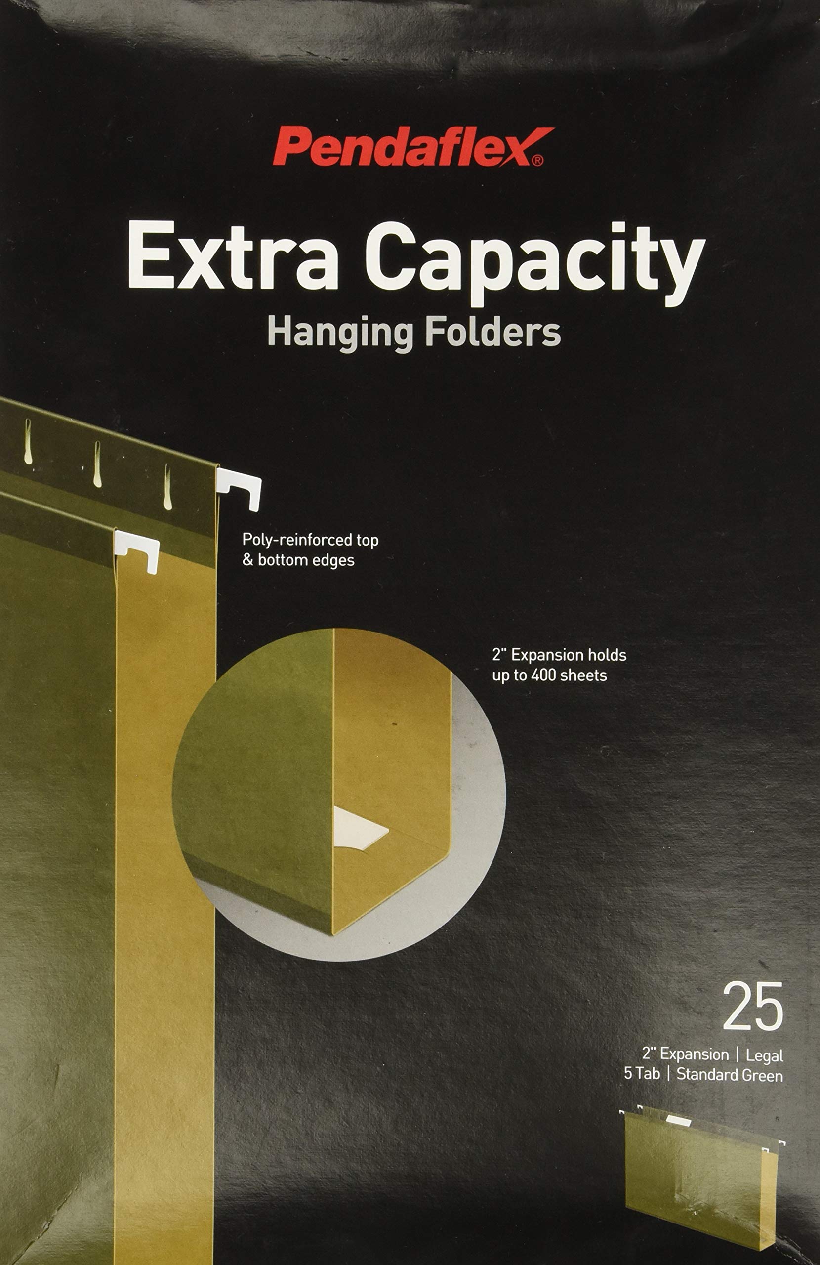 Carpetas colgantes reforzadas de 5 cm con capacidad extra, color verde estándar, 25 cajas