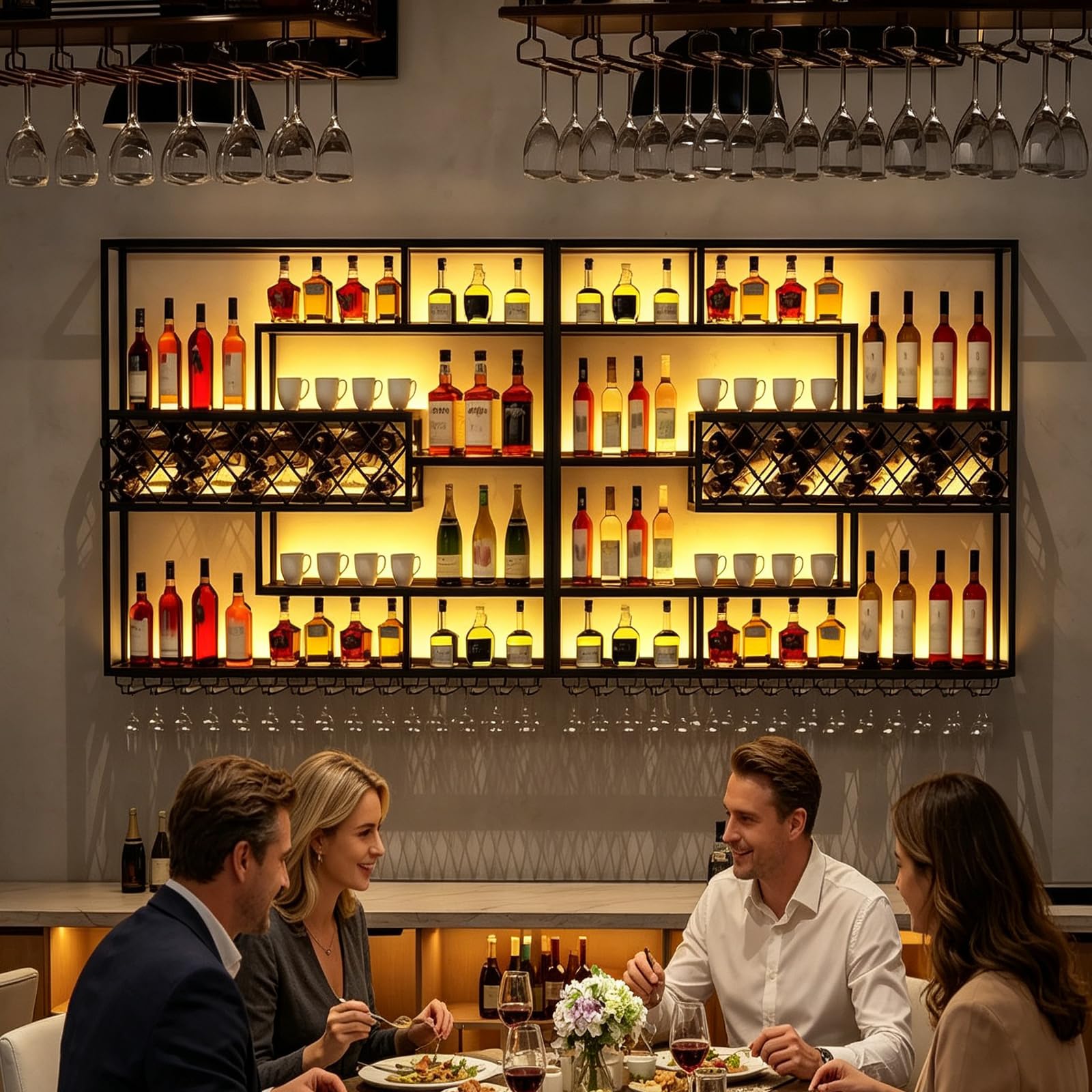 Estante de Pared para Vino con Rejilla y Luz LED | Botellero Industrial de Metal | 4Niveles con Soporte para Copas | Decorativo para Bar y Cocina(300CM)