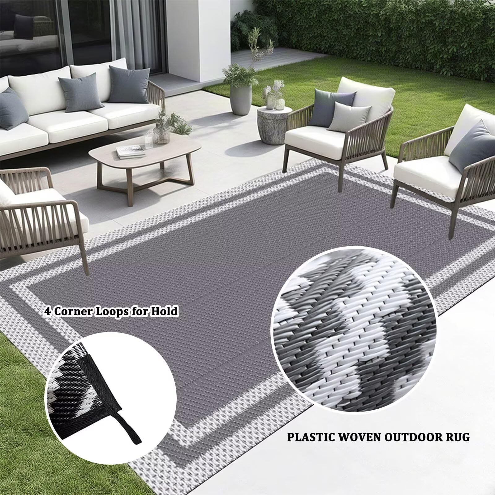 Tappeto impermeabile extra large per esterni, 610 x 760 cm, leggero, nero e bianco, tappeto da patio, resistente alla pioggia, tappetino in plastica intrecciata per uso esterno