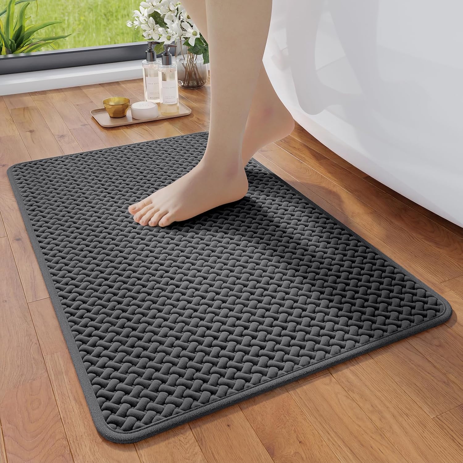 Bathroom Rugs Non Slip Super Absorbent Quick Dry Bath Mats for Bathroom Foam Weave Texture Thin Bath Rugs