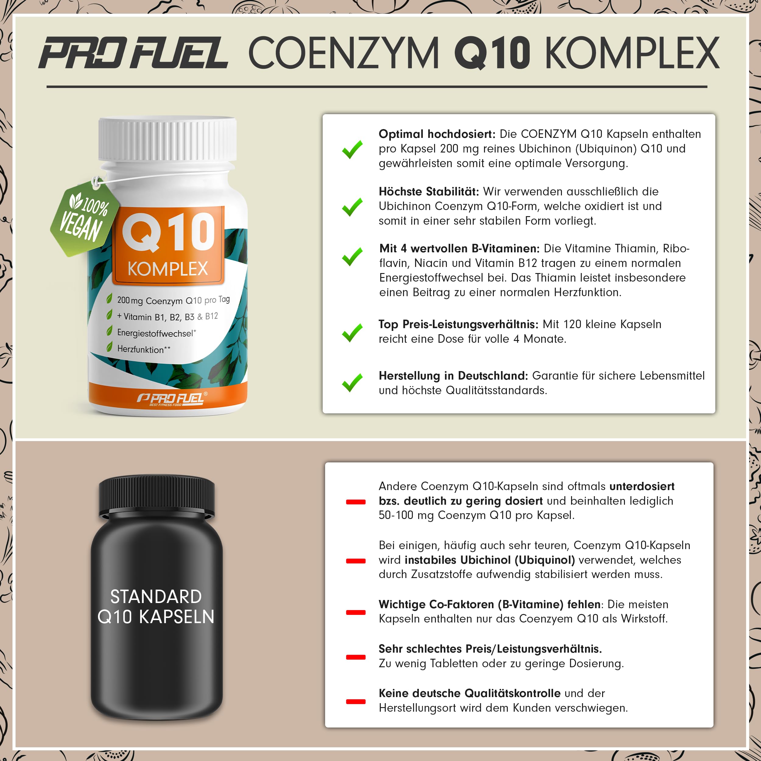 Q10 Kapseln hochdosiert 120x - Coenzym Q10 KOMPLEX mit 200mg Coenzym Q10 + Vitamin B1, B2, B3 und B12 - Energiestoffwechsel & Herzfunktion - laborgeprüft mit Zertifikat - Vorrat für 4 Monate