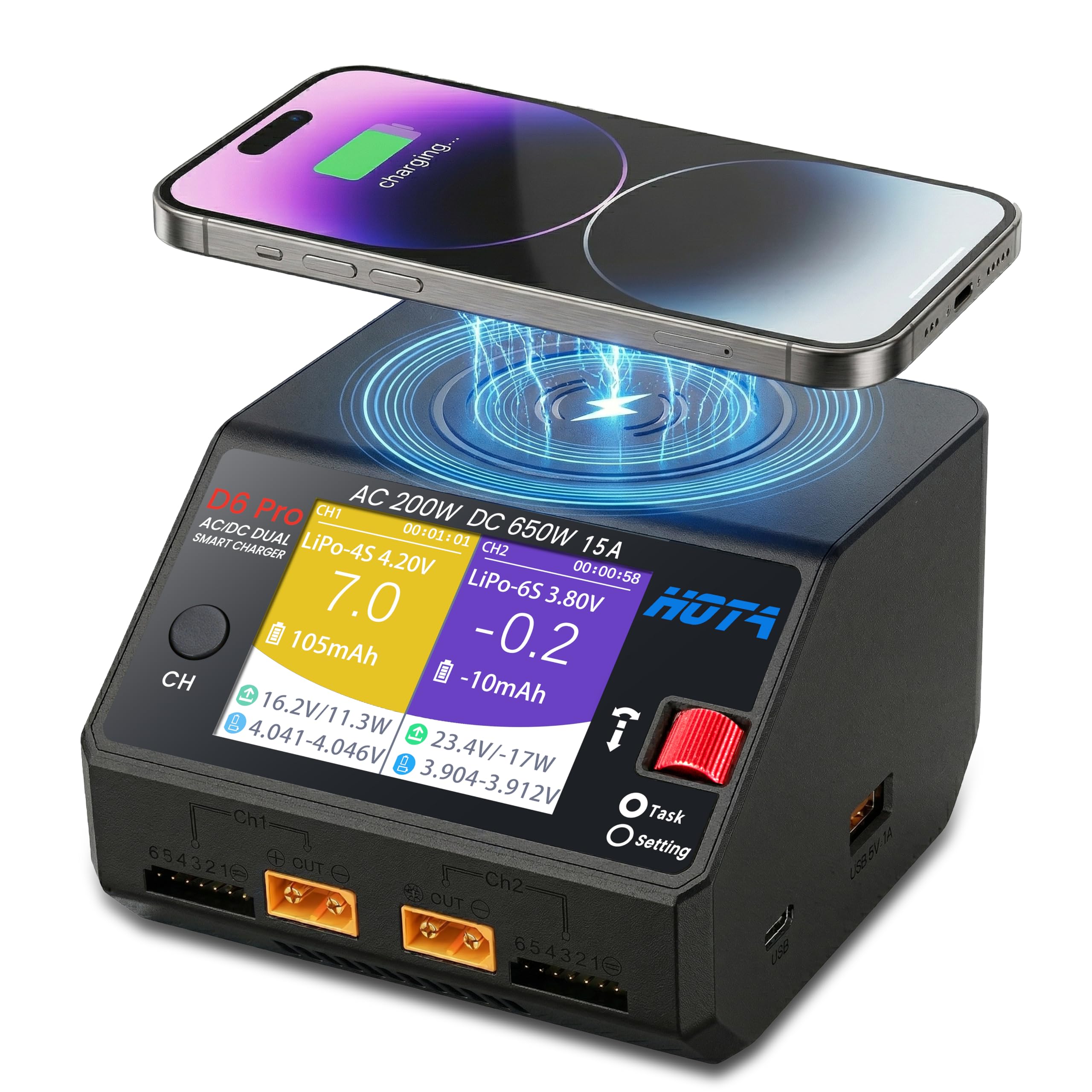 HOTA D6 Pro Chargeur Batterie LiPo,Double Canal 15A 650W AC/DC Chargeur Balanceur avec Recharge sans Fil Qi,pour Batteries 1-6S LiPo LiHV Life NiMH RC Voiture Bateau FPV Drone