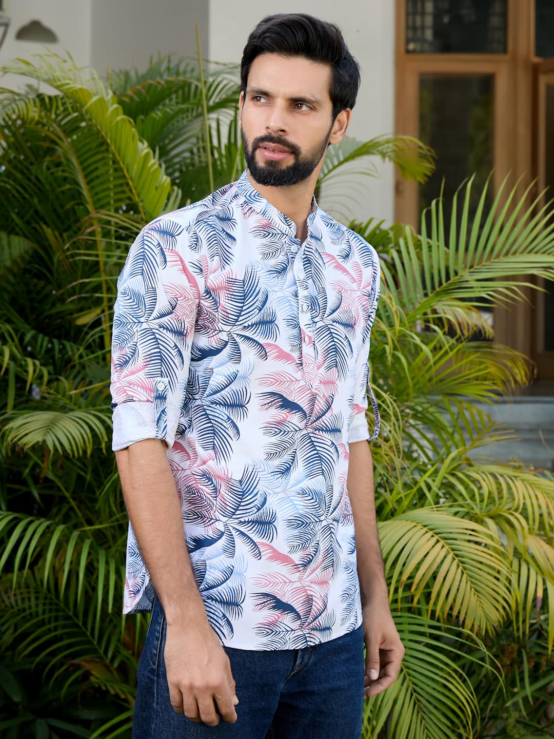 See Designs Men's Roll-Up Sleeve Mandarin Collar Navy Tropical Printed Rayon Short Kurta - Sdkt2937M
