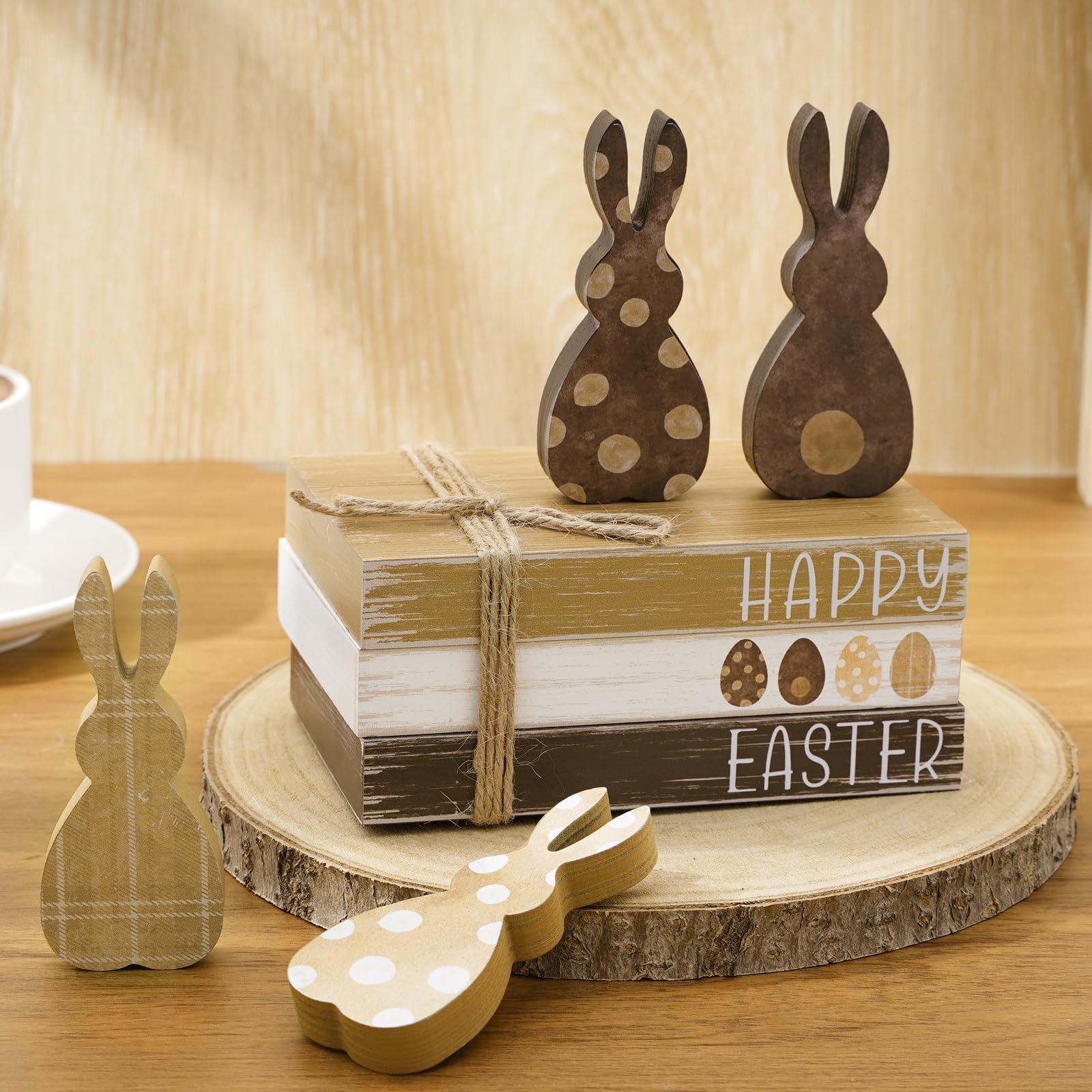 Décoration de table de Pâques : lot de 7 plateaux et faux livres empilés en bois