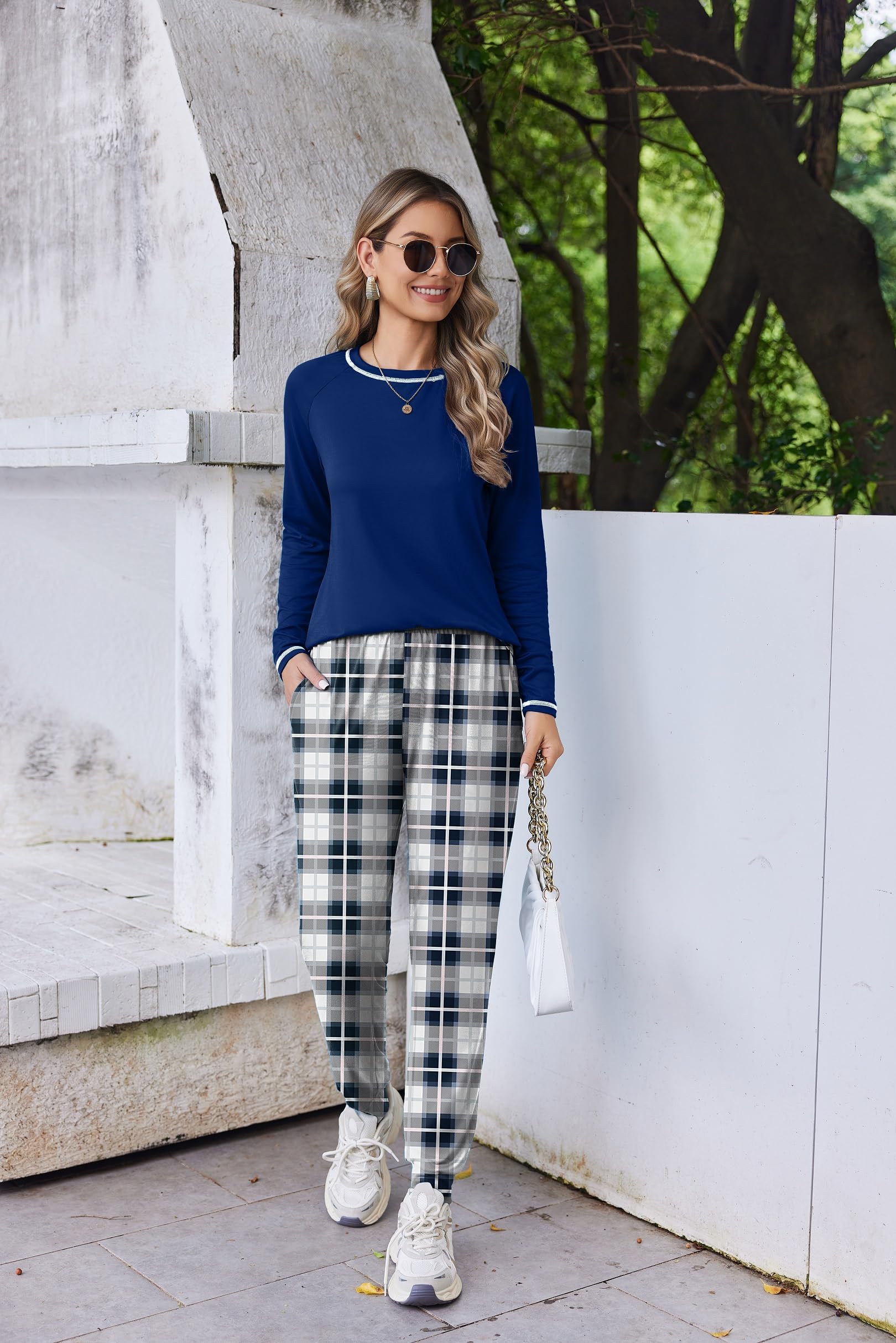 Ekouaer Pigiama Set Donna Manica Lunga Abbigliamento da Notte Lungo Pigiami Invernale Girocollo S-XXL