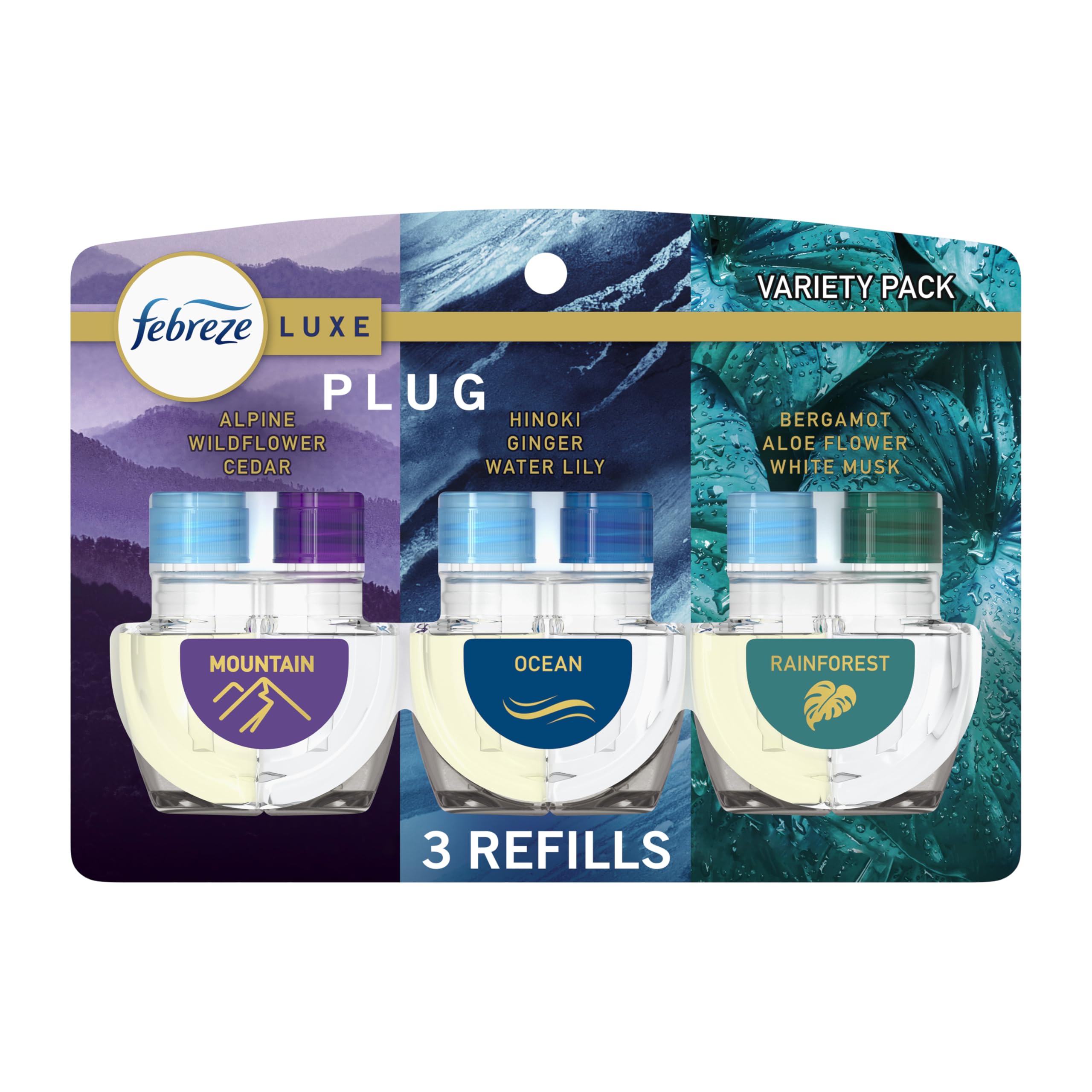 Febreze Plug In Air Freshener, Odor-Fighting Scented Oil Refill, Air Fresheners for Home and Bathroom and Kitchen, Long Lasting for Strong Odors, Mountain/Ocean/Rainforest Mix, 0.87oz Refills, 3 Count