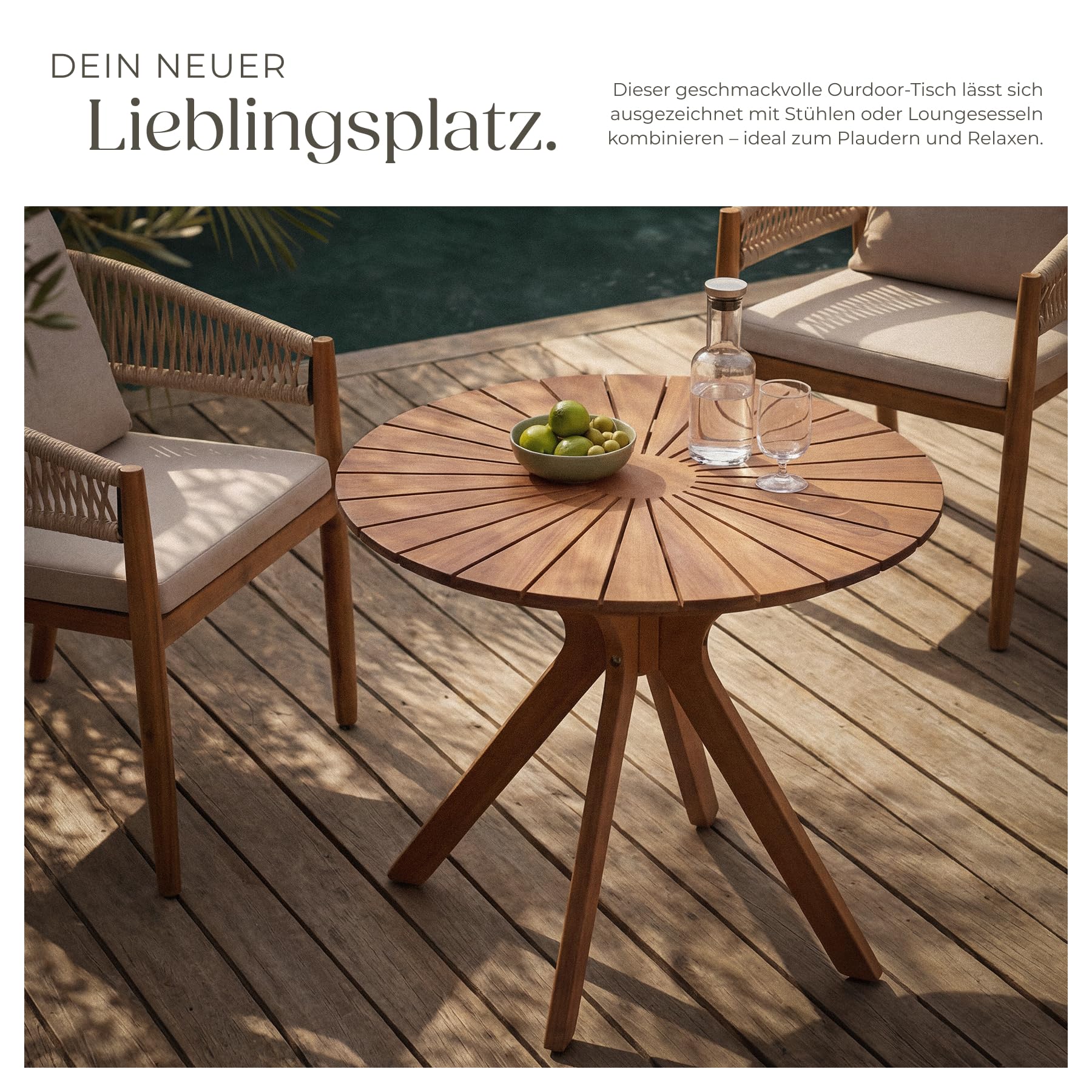 tectake® Massivholz Gartentisch, 70 x 70 x 62 cm, rund, wetterfest, X-Gestell, höhenverstellbar, Gartenmöbel, Akazienholz Gartentische, Outdoor Tisch, Gartentisch, Tischplatte mit Sonnenmuster