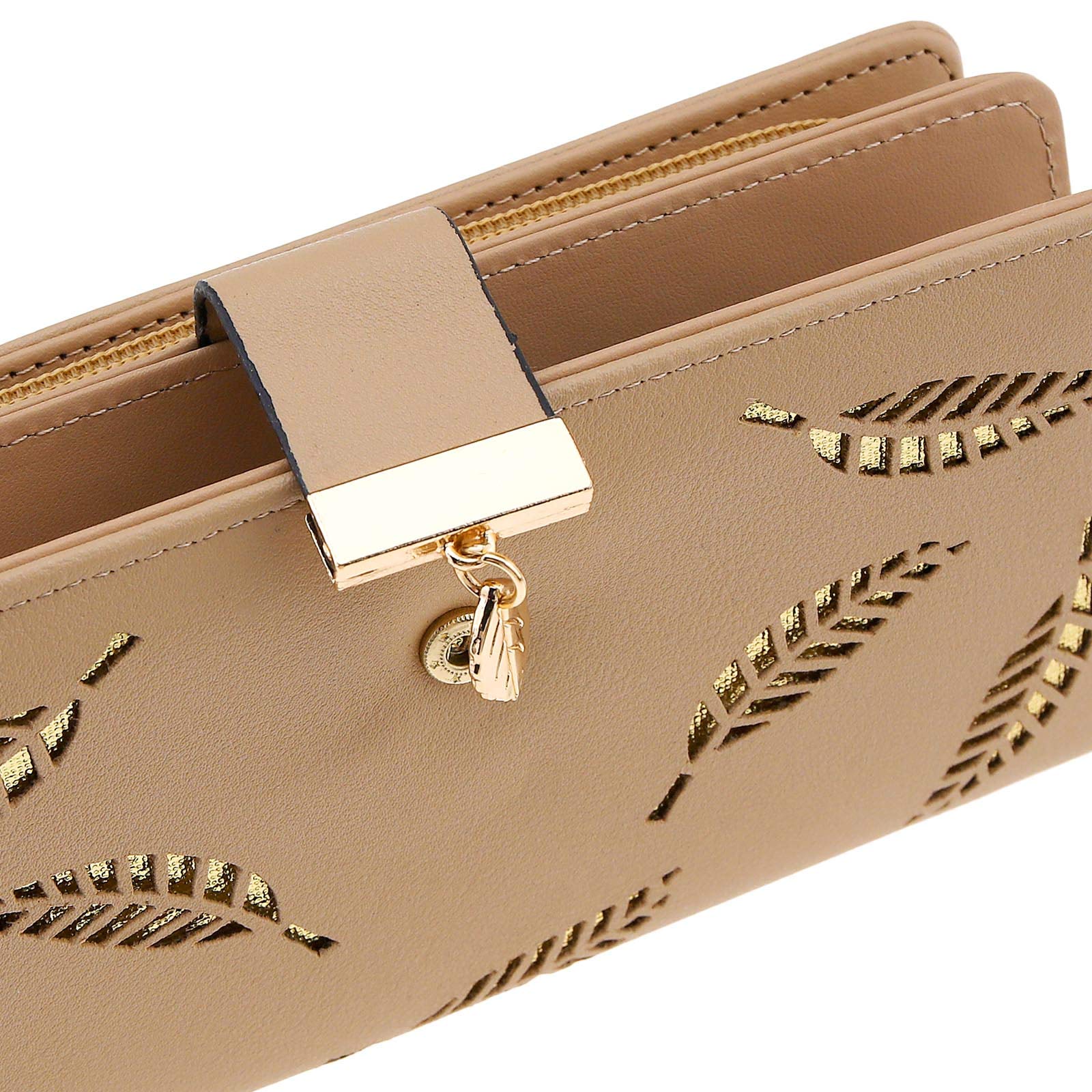Create idea Women's Long Leaf Bifold Wallet, Card Holder Purse Clutch Wallet Metal Pendant Purse