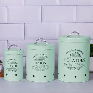 Metallure Home Round Classic Kitchen Storage Containers | Set of 3 Metal Jars With Lid | Potato, Onion & Garlic (Food Saf... Price In India