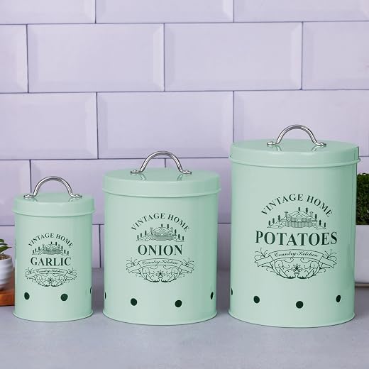 Metallure Home Round Classic Kitchen Storage Containers | Set of 3 Metal Jars With Lid | Potato, Onion &amp; Garlic (Food Saf...