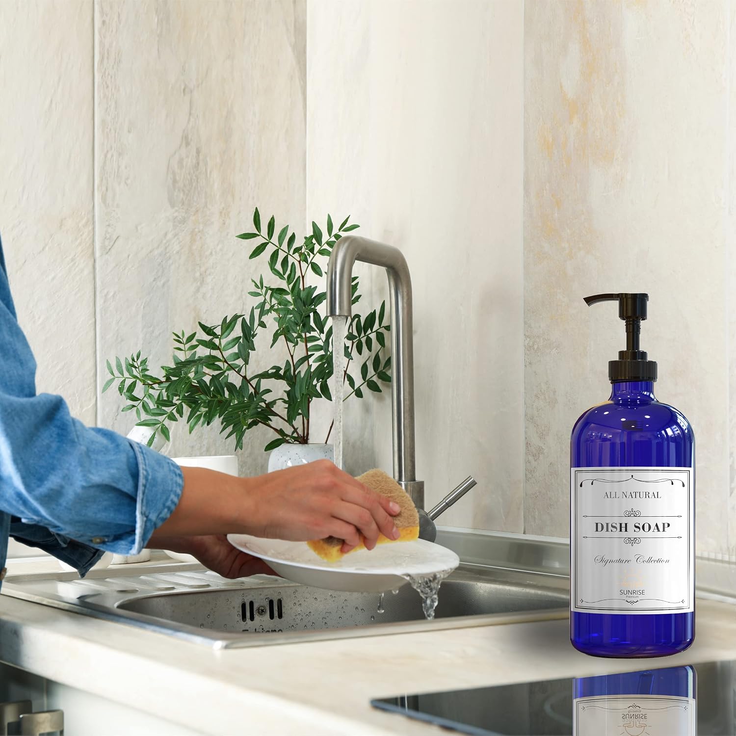 Sunrise Premium 16 OZ Cobalt Blue Glass Soap Dispenser with Pump 2 Pack, Hand and Dish Soap Dispenser Set for Bathroom and Kitchen Sink with 6 Waterproof Labels